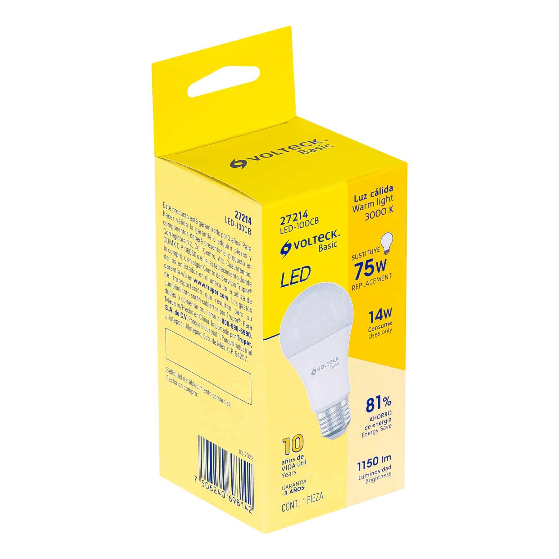 Lámpara LED A19 14 W (equiv. 75 W), luz cálida, caja, Basic, 27214