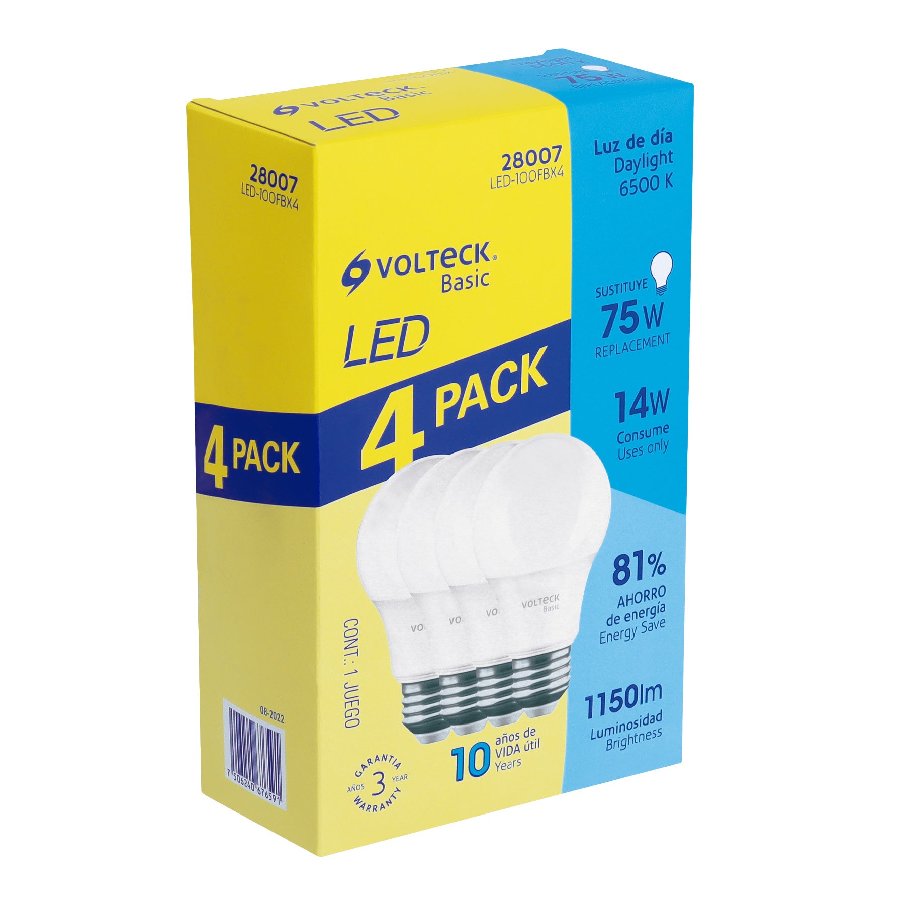 Pack de 4 lámparas LED A19 14 W (equiv. 75 W), luz de día, 28007