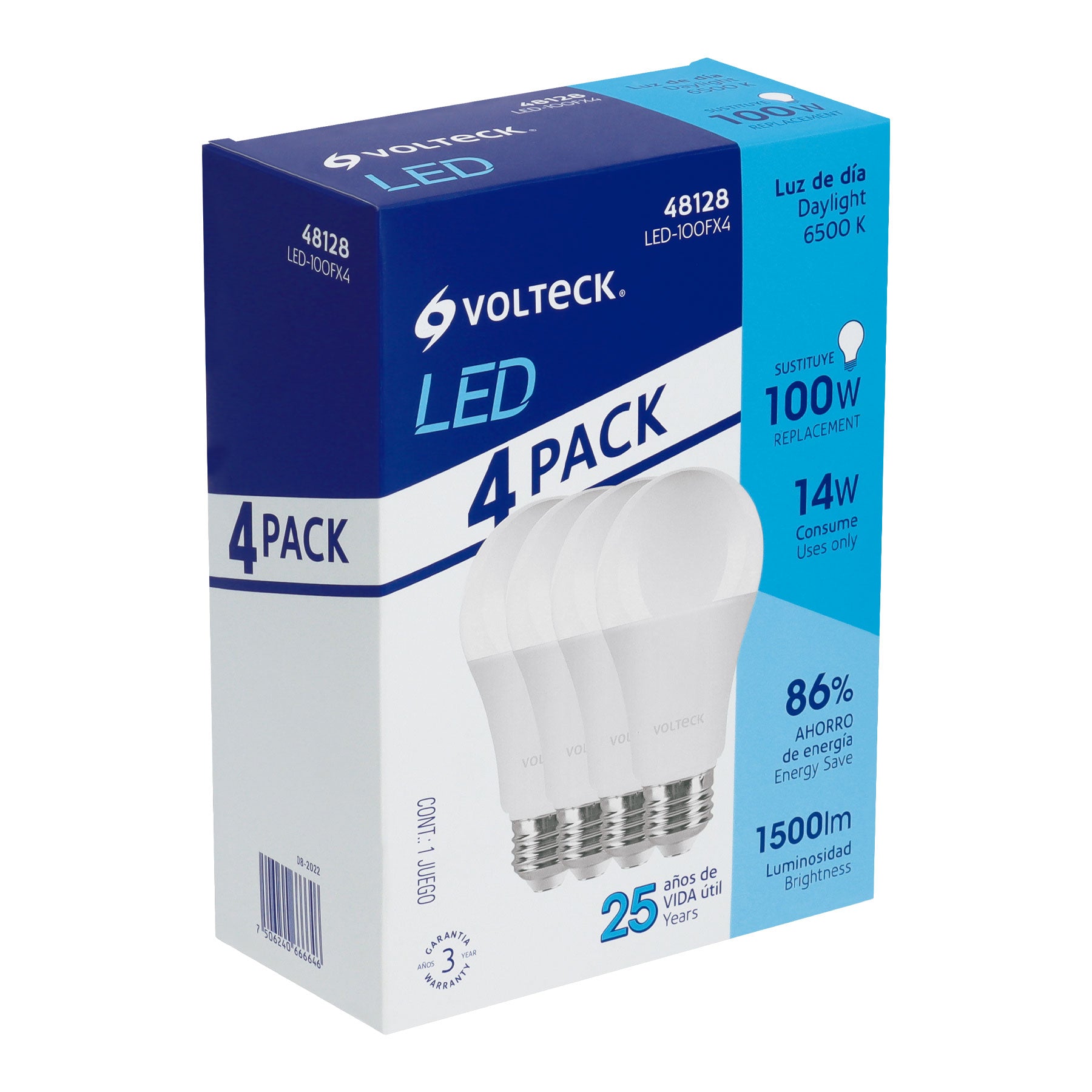 Pack de 4 lámparas LED A19 14 W (equiv. 100 W), luz de día, 48128