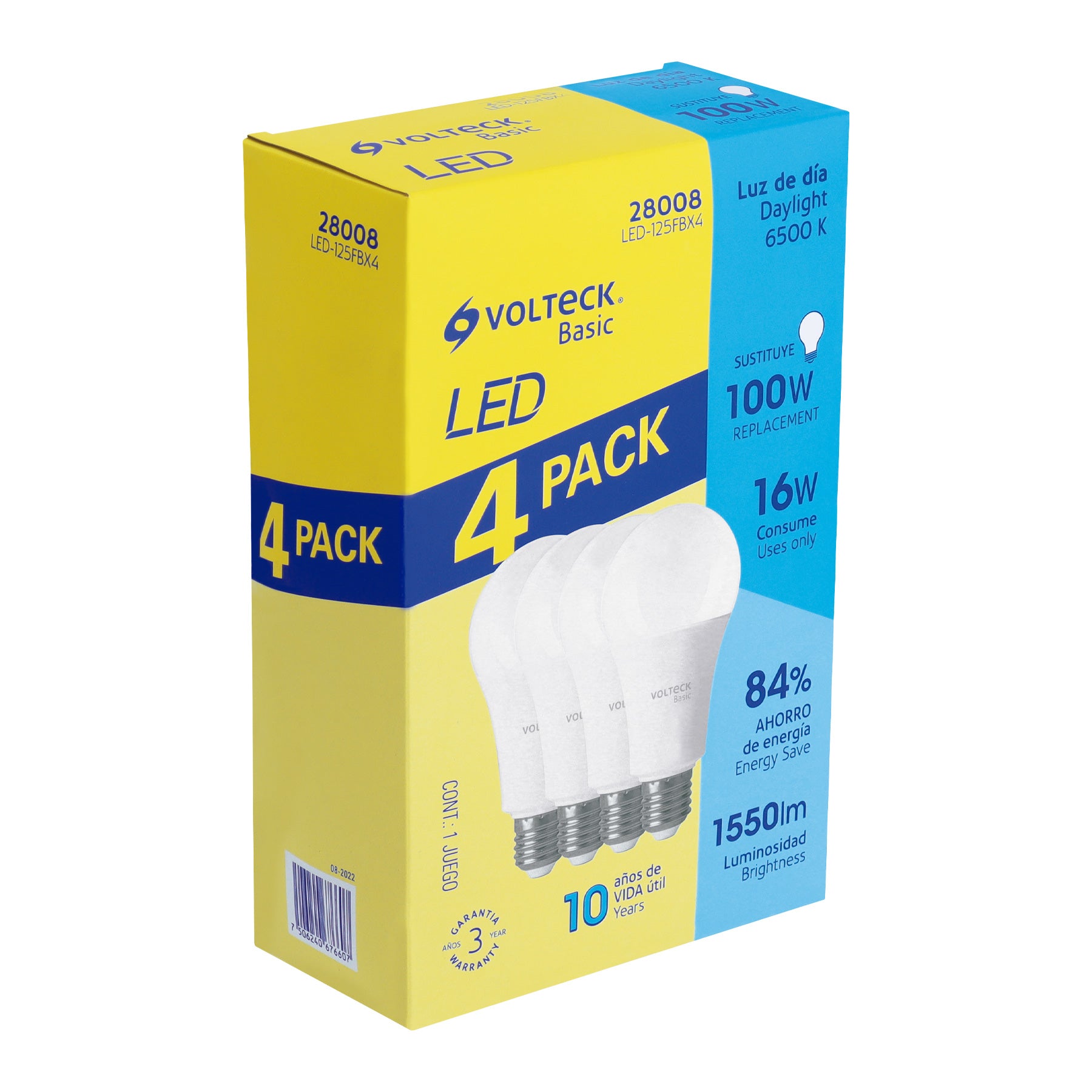 Pack de 4 lámparas LED A19 16 W (equiv. 100 W), luz de día, 28008