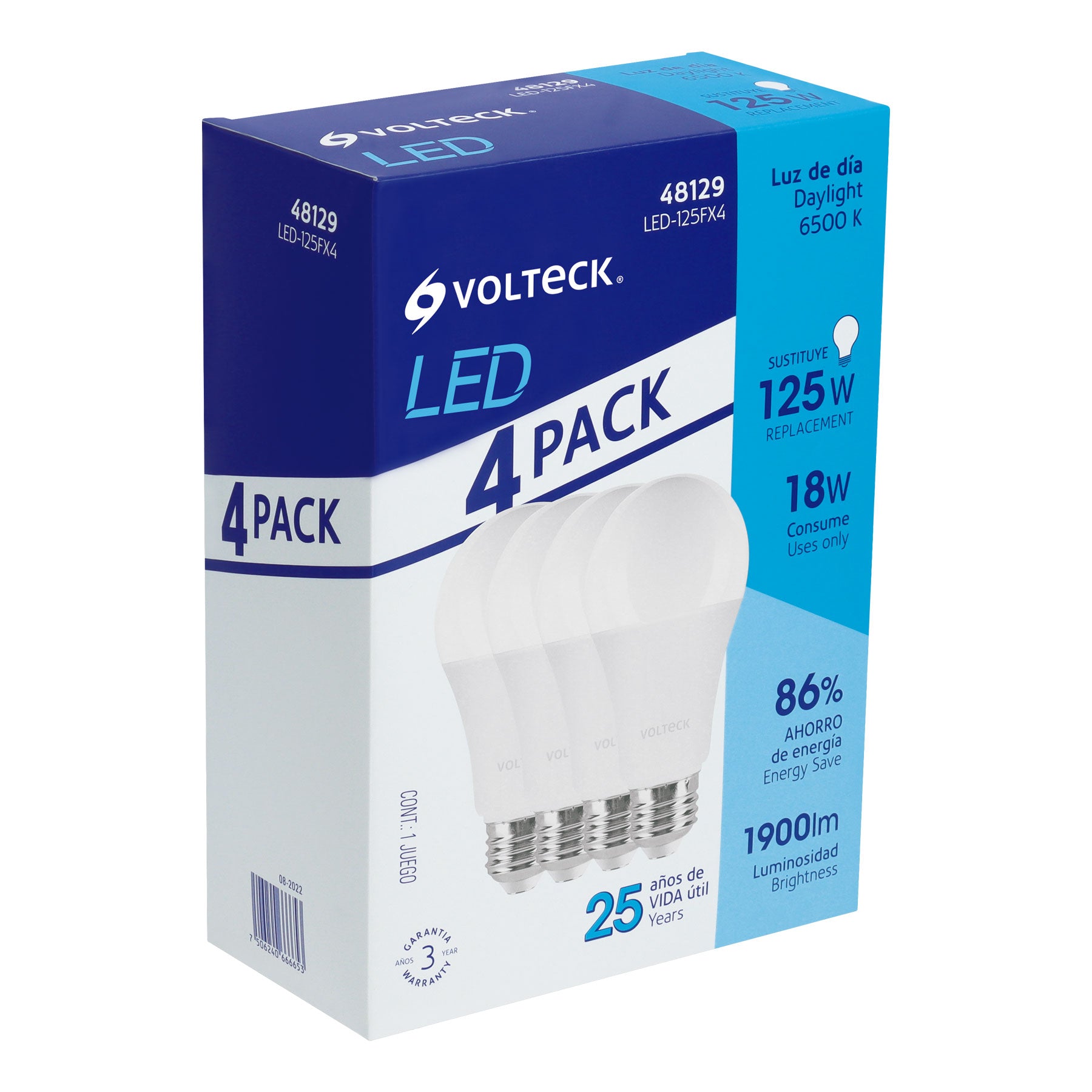 Pack de 4 lámparas LED A19 18 W (equiv. 125 W), luz de día, 48129