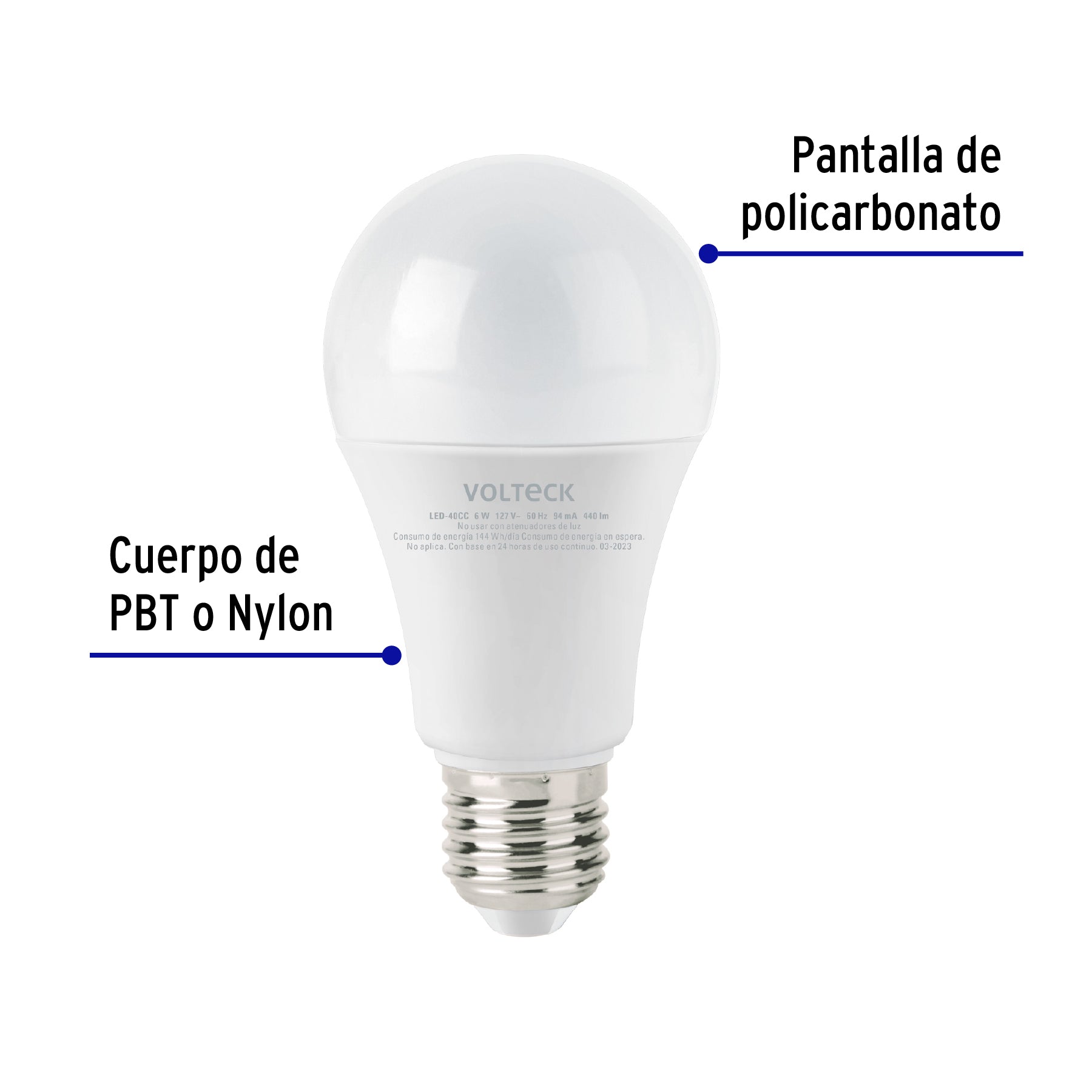 Lámpara LED tipo bulbo A19 6 W luz cálida, caja, Volteck, 47545