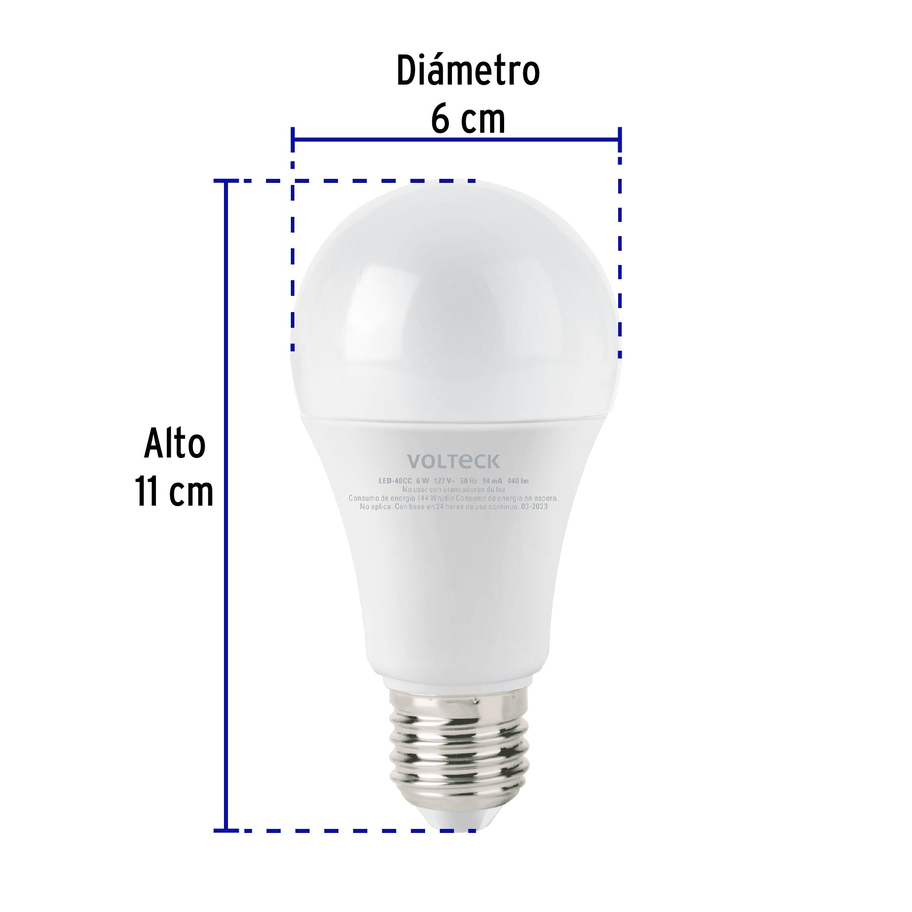 Lámpara LED tipo bulbo A19 6 W luz cálida, caja, Volteck, 47545