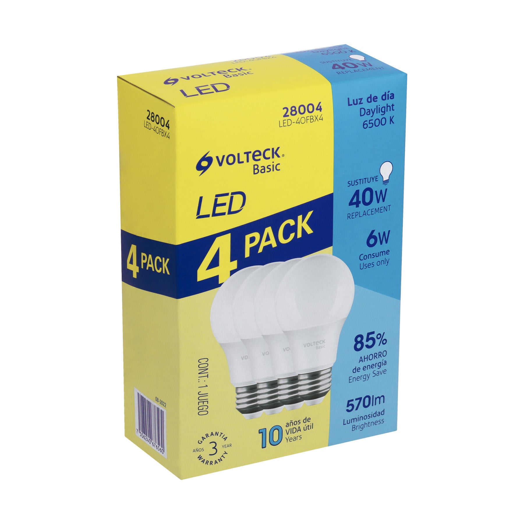 Pack de 4 lámparas LED A19 6 W (equiv. 40 W), luz de día, 28004