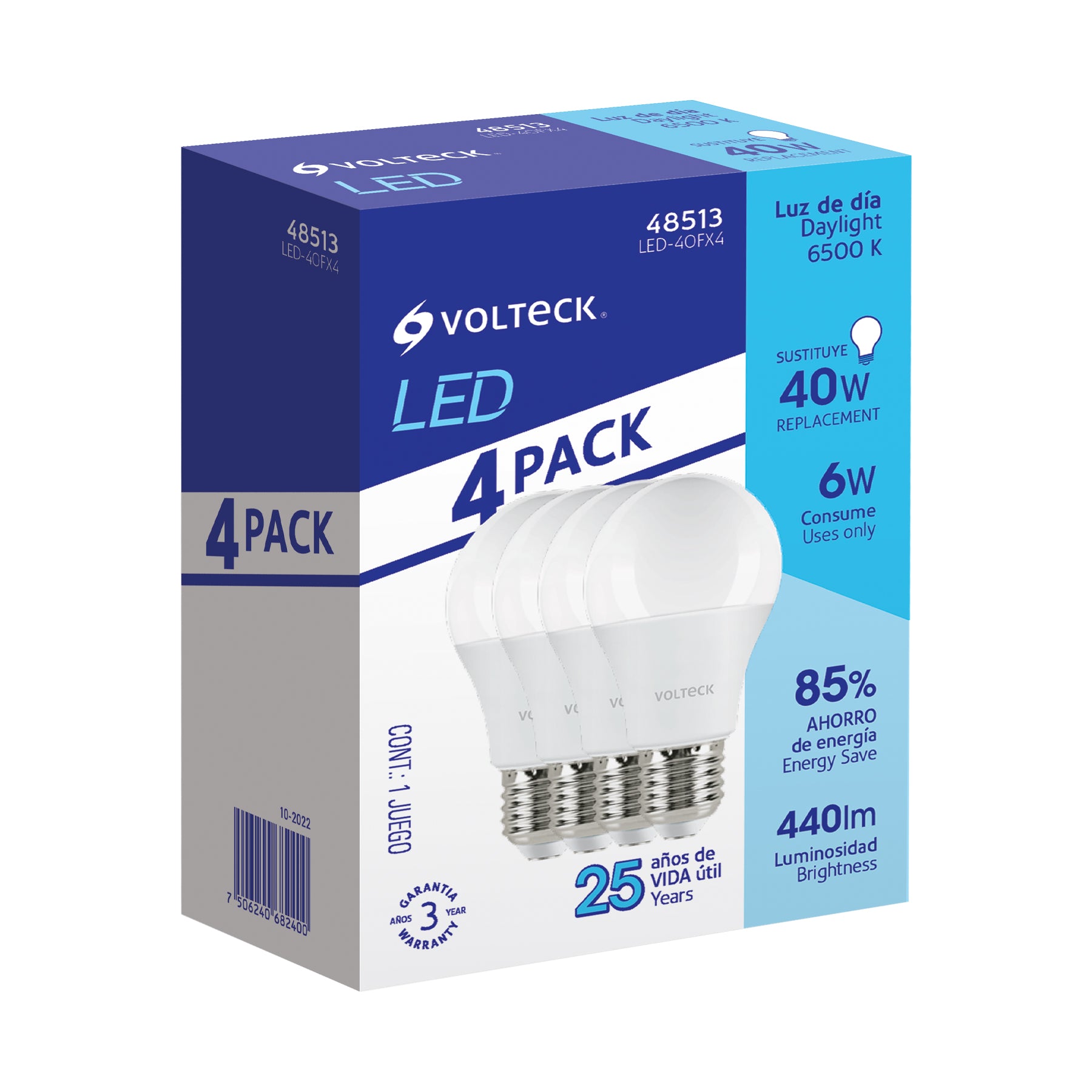 Pack de 4 lámparas LED A19 6 W (equiv. 40 W), luz de día, 48513