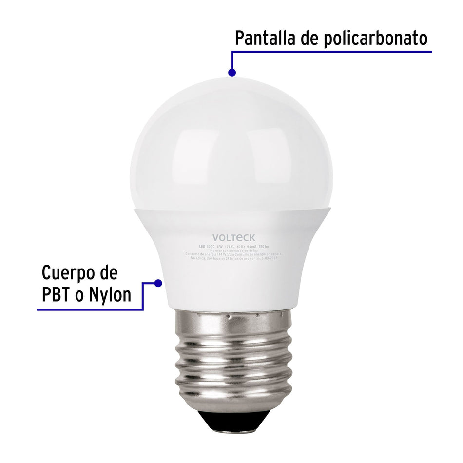 Lámpara LED G45 6 W (equiv. 40 W) luz cálida blíster Volteck Caja con 6, 46278