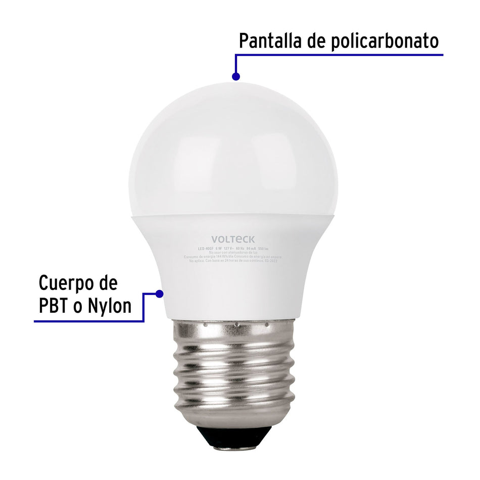 Lámpara LED G45 6 W (equiv. 40 W) luz de día blíster Volteck Caja con 6, 46277