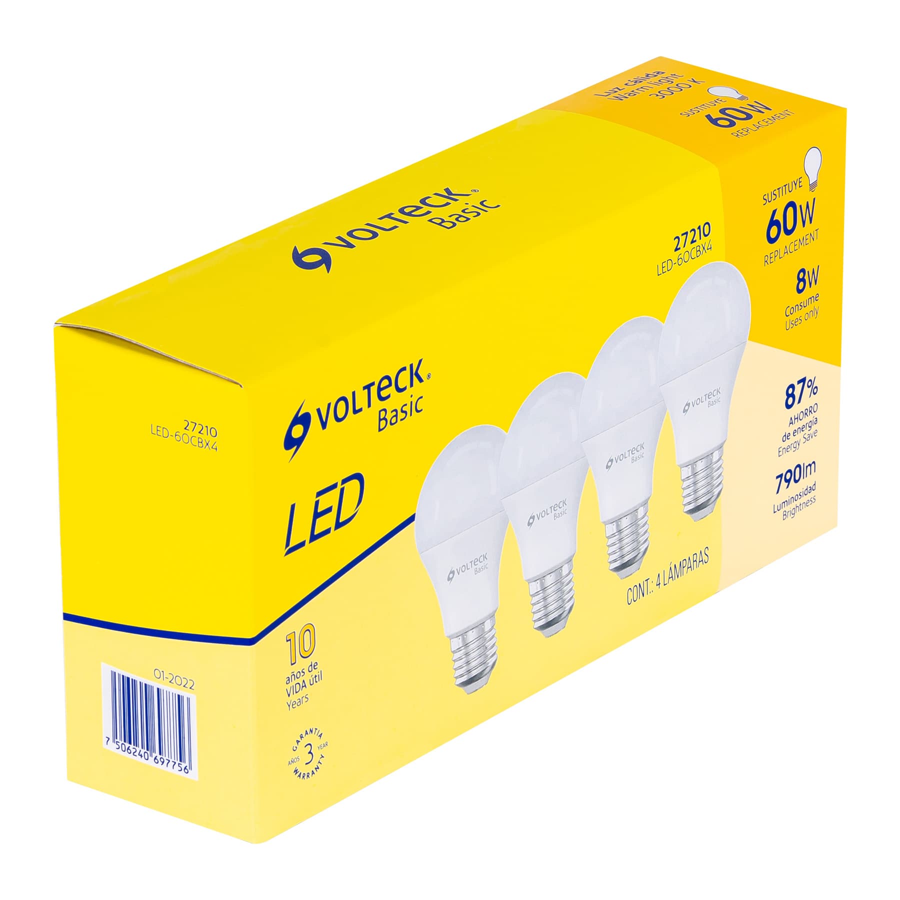 Pack de 4 lámparas LED A19 8 W (equiv. 60 W), luz cálida, 27210