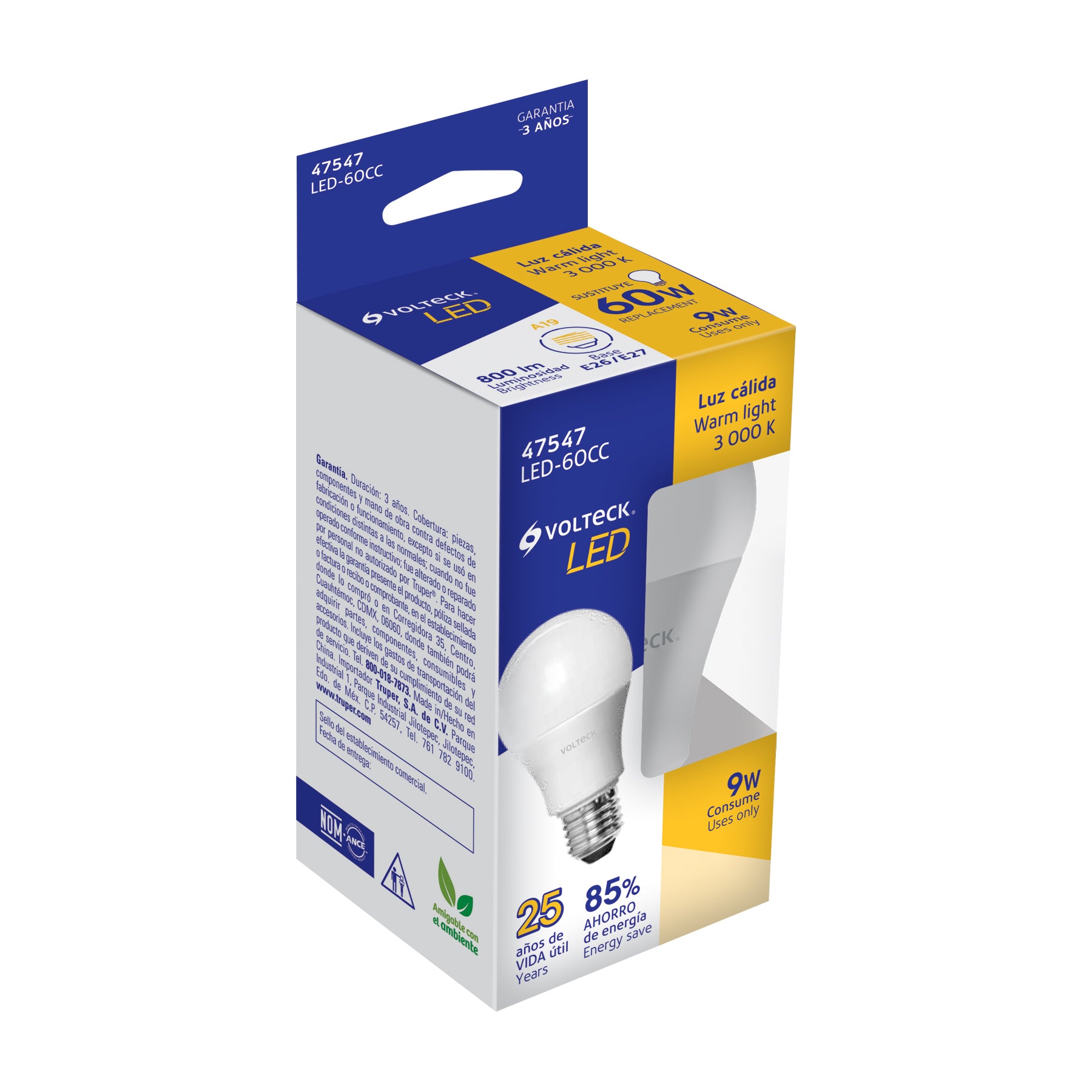 Lámpara LED A19 9 W (equiv. 60 W), luz cálida, caja, Volteck, 47547