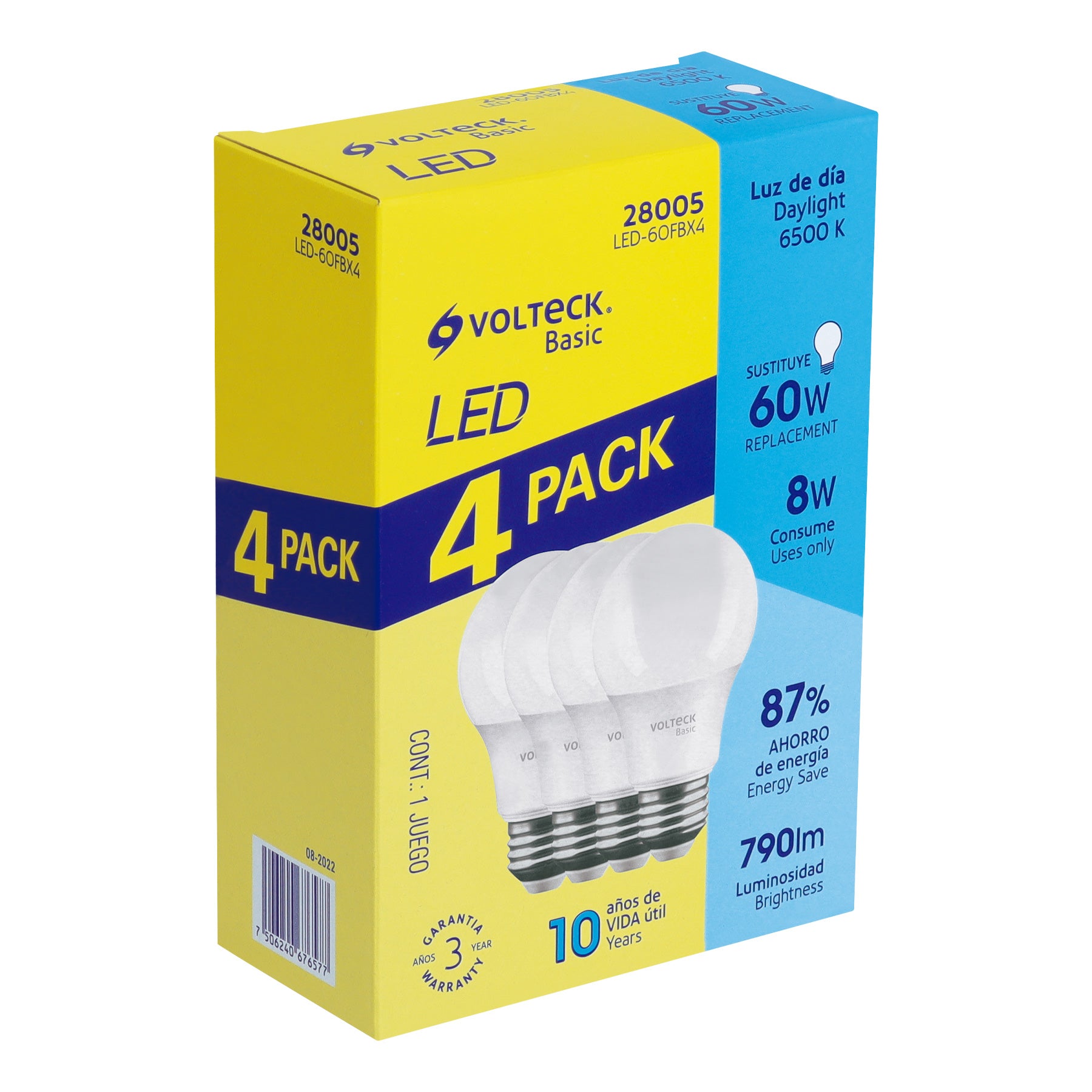 Pack de 4 lámparas LED A19 8 W (equiv. 60 W), luz de día, 28005