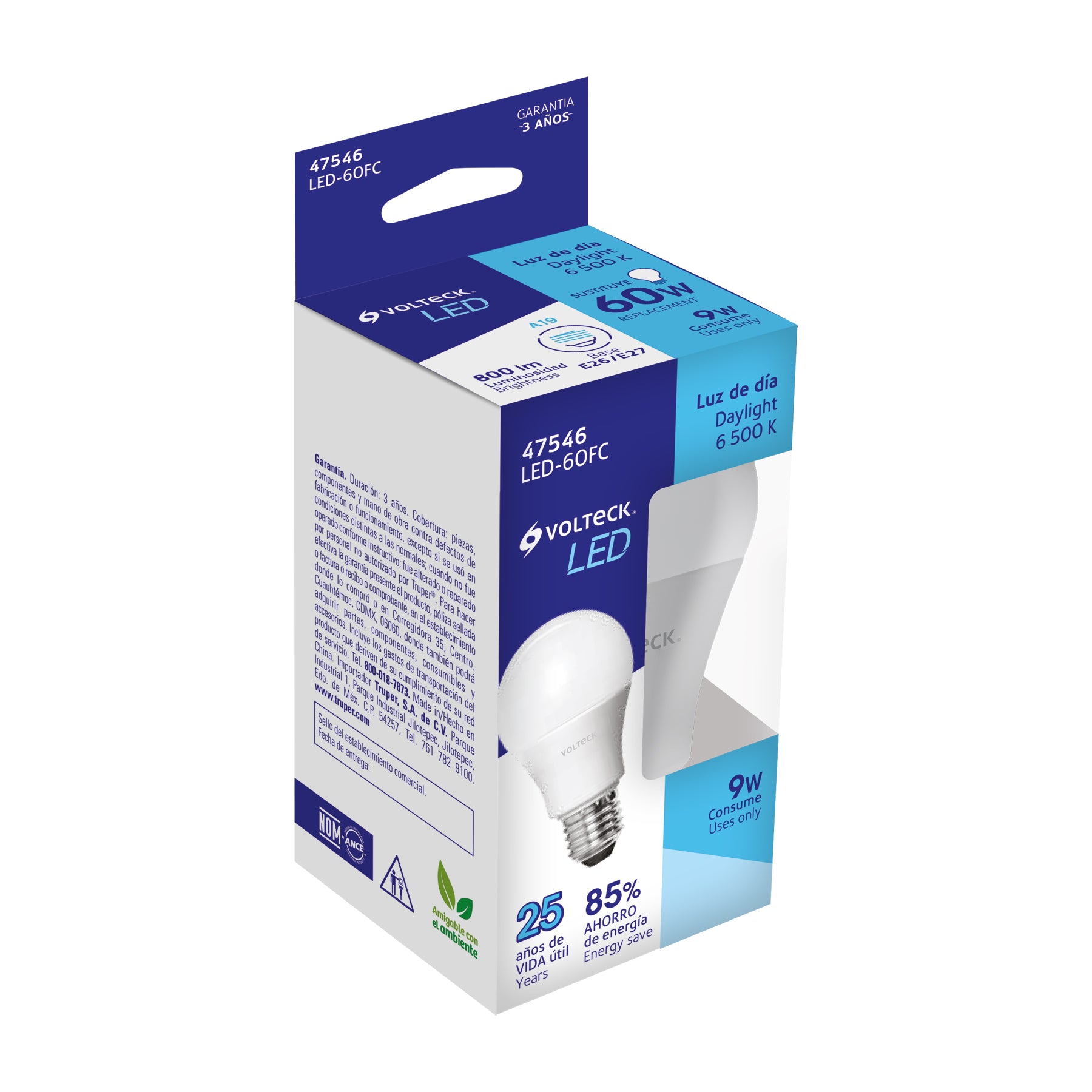 Lámpara LED A19 9 W (equiv. 60 W), luz de día, caja, Volteck, 47546