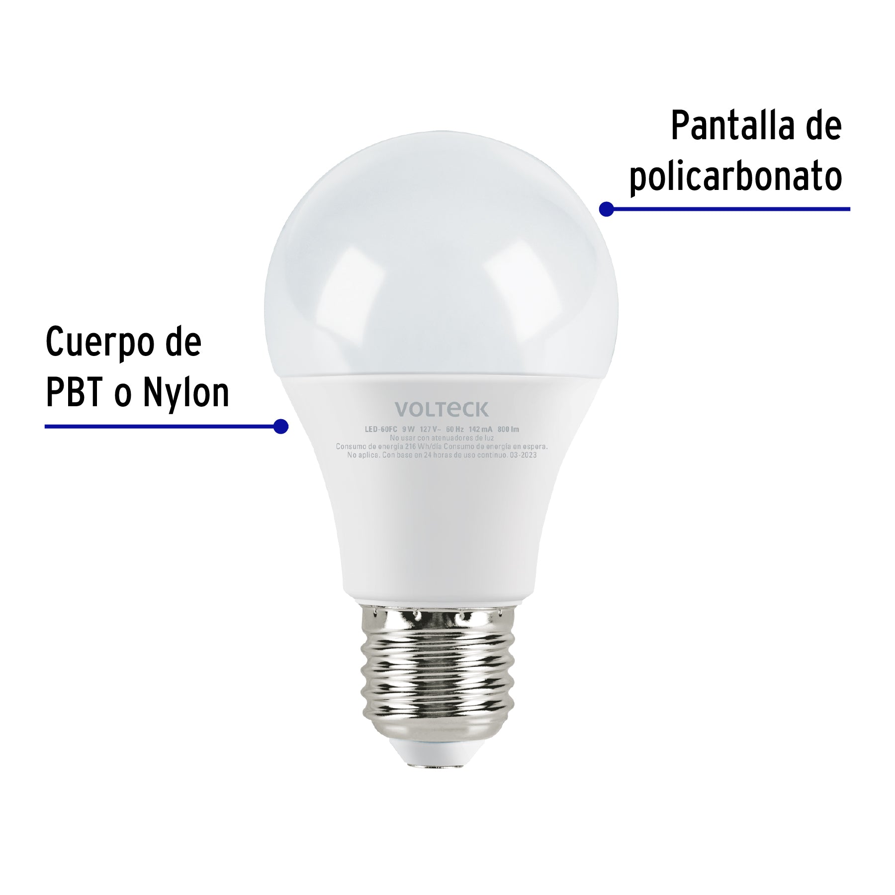 Lámpara LED A19 9 W (equiv. 60 W), luz de día, caja, Volteck, 47546