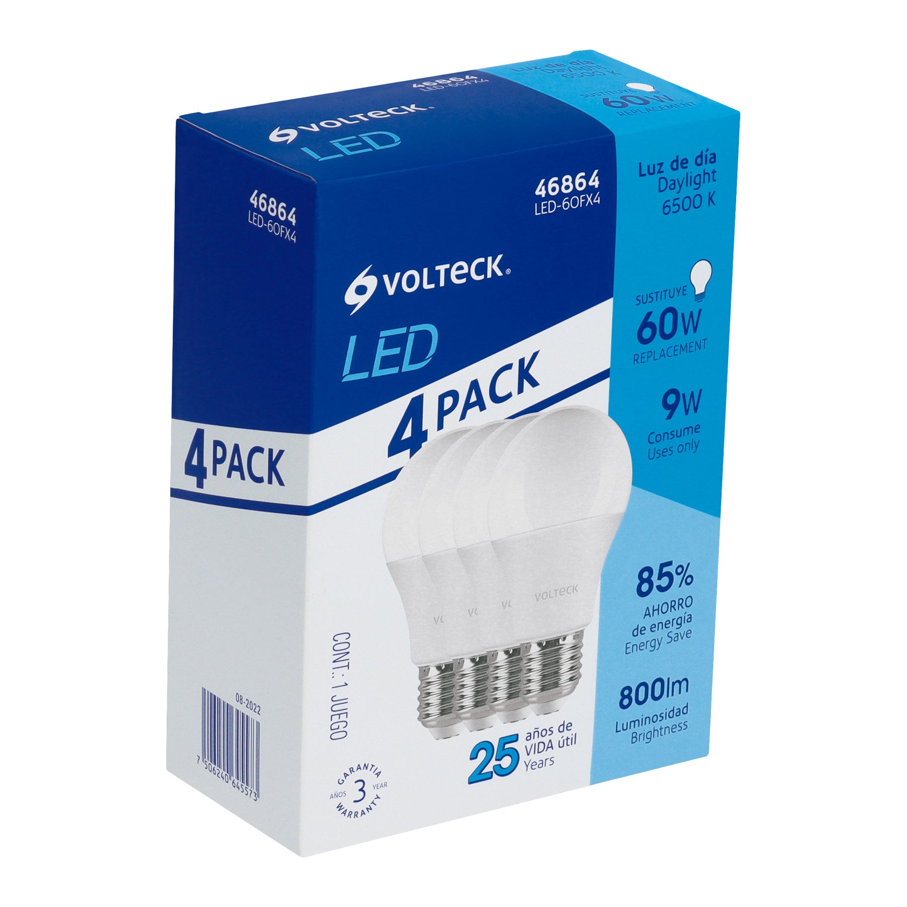 Pack de 4 lámparas LED A19 9 W (equiv. 60 W), luz de día, 46864