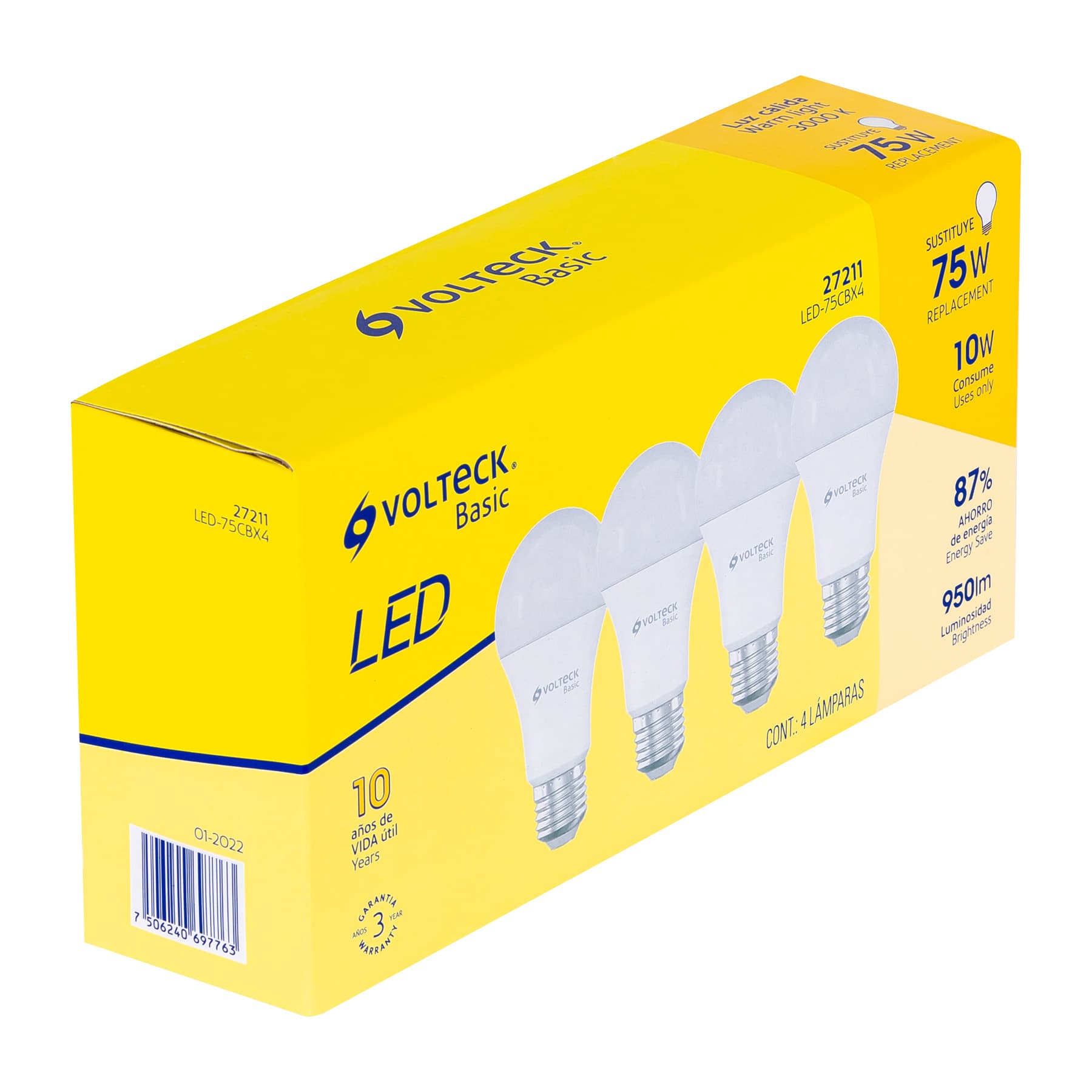 Pack de 4 lámparas LED A19 10 W (equiv. 75 W), luz cálida, 27211