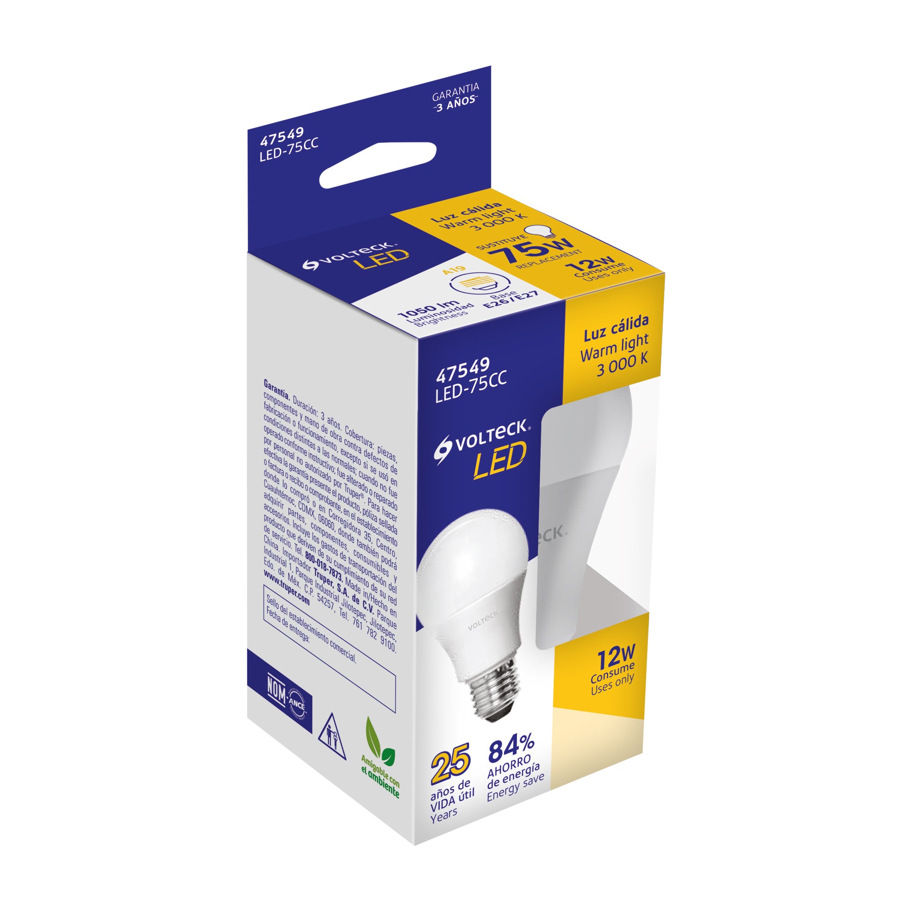 Lámpara LED A19 12 W (equiv. 75 W), luz cálida, caja Volteck, 47549