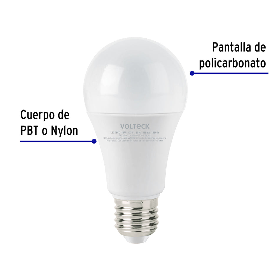 Lámpara LED A19 12 W (equiv. 75 W), luz cálida, caja Volteck Caja con 12, 47549