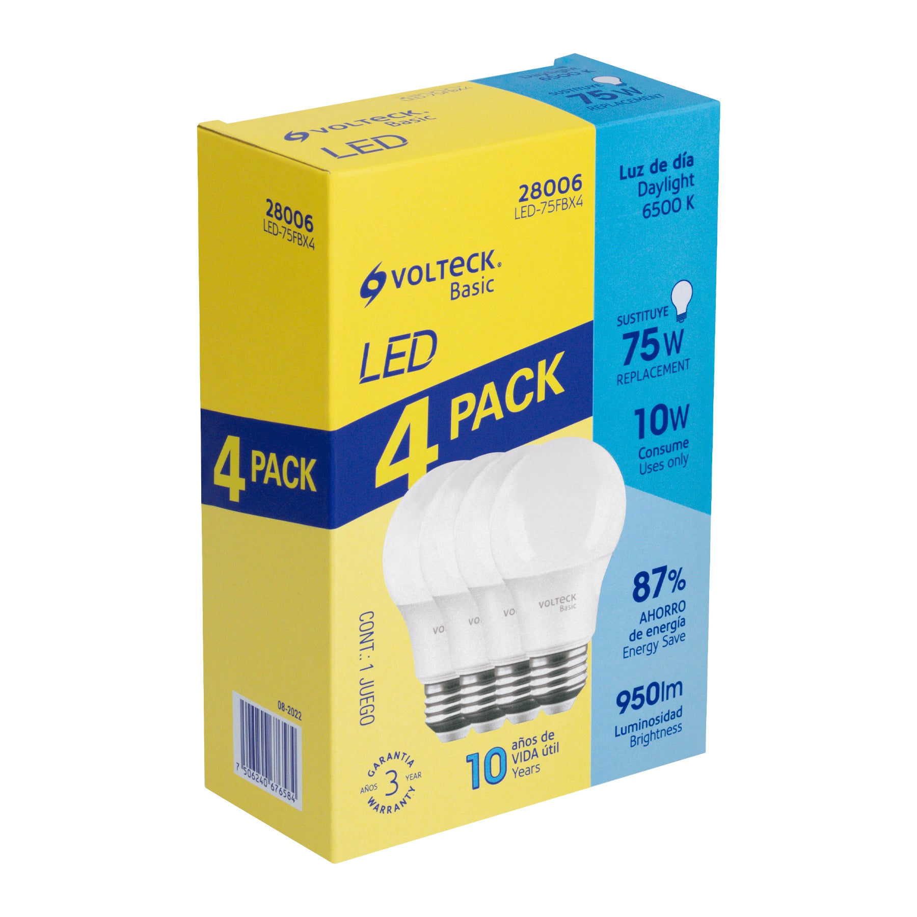 Pack de 4 lámparas LED A19 10 W (equiv. 75 W), luz de día, 28006