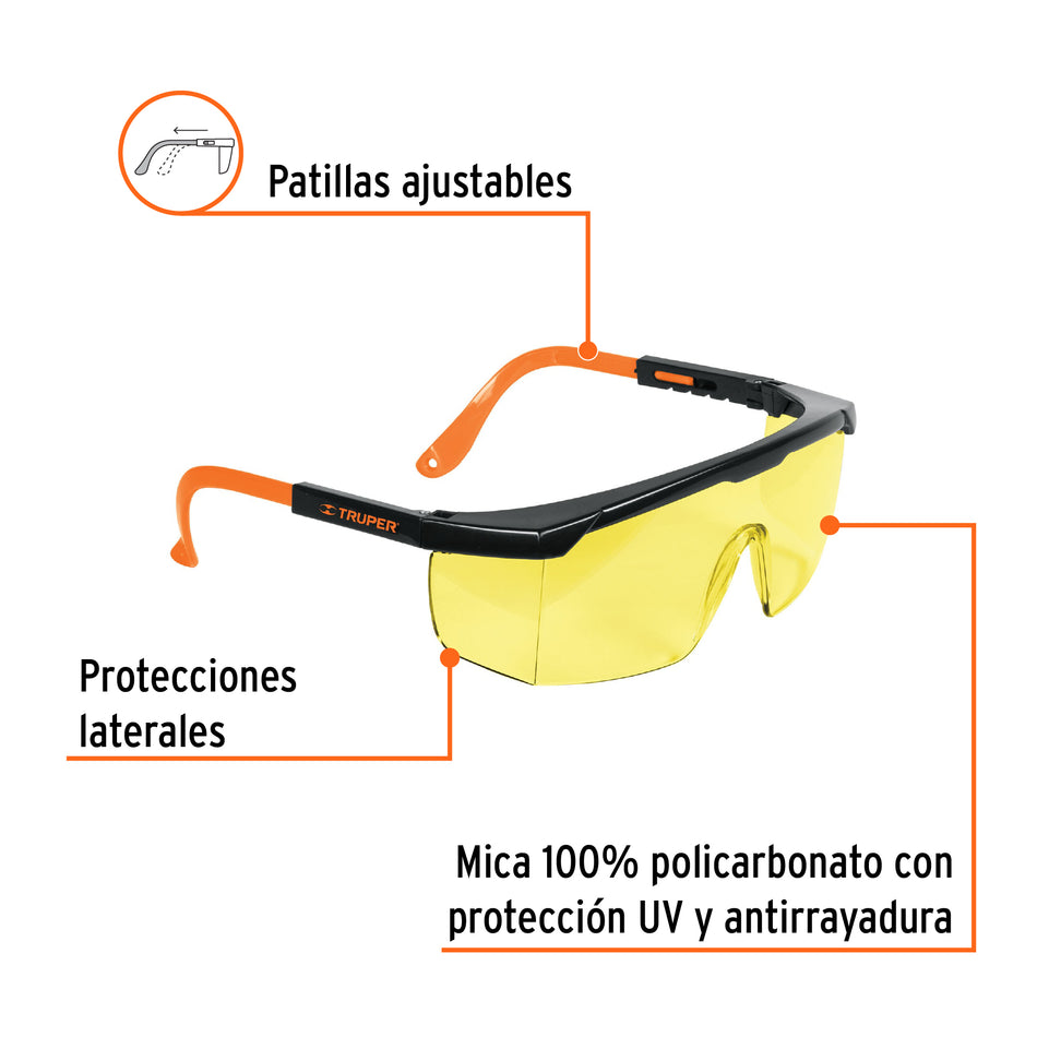 Lentes de seguridad ajustables ambar, Truper Classic Caja con 6, 15137