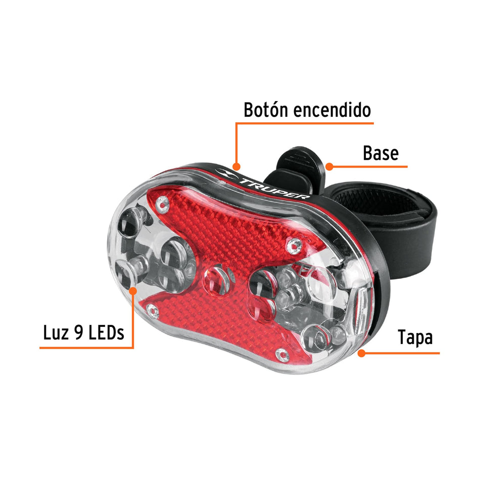 Linterna trasera para bicicleta 9 LEDs con 2 pilas AAA Caja con 6, 16797