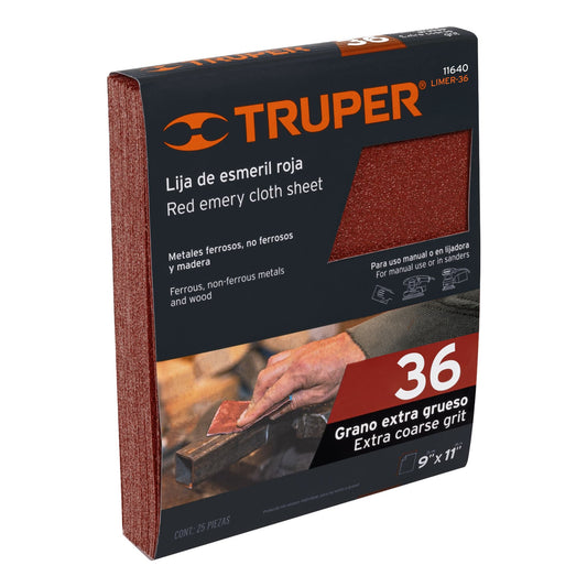Lija de esmeril roja grano 36 de óxido de aluminio, Truper Caja con 25, 11640