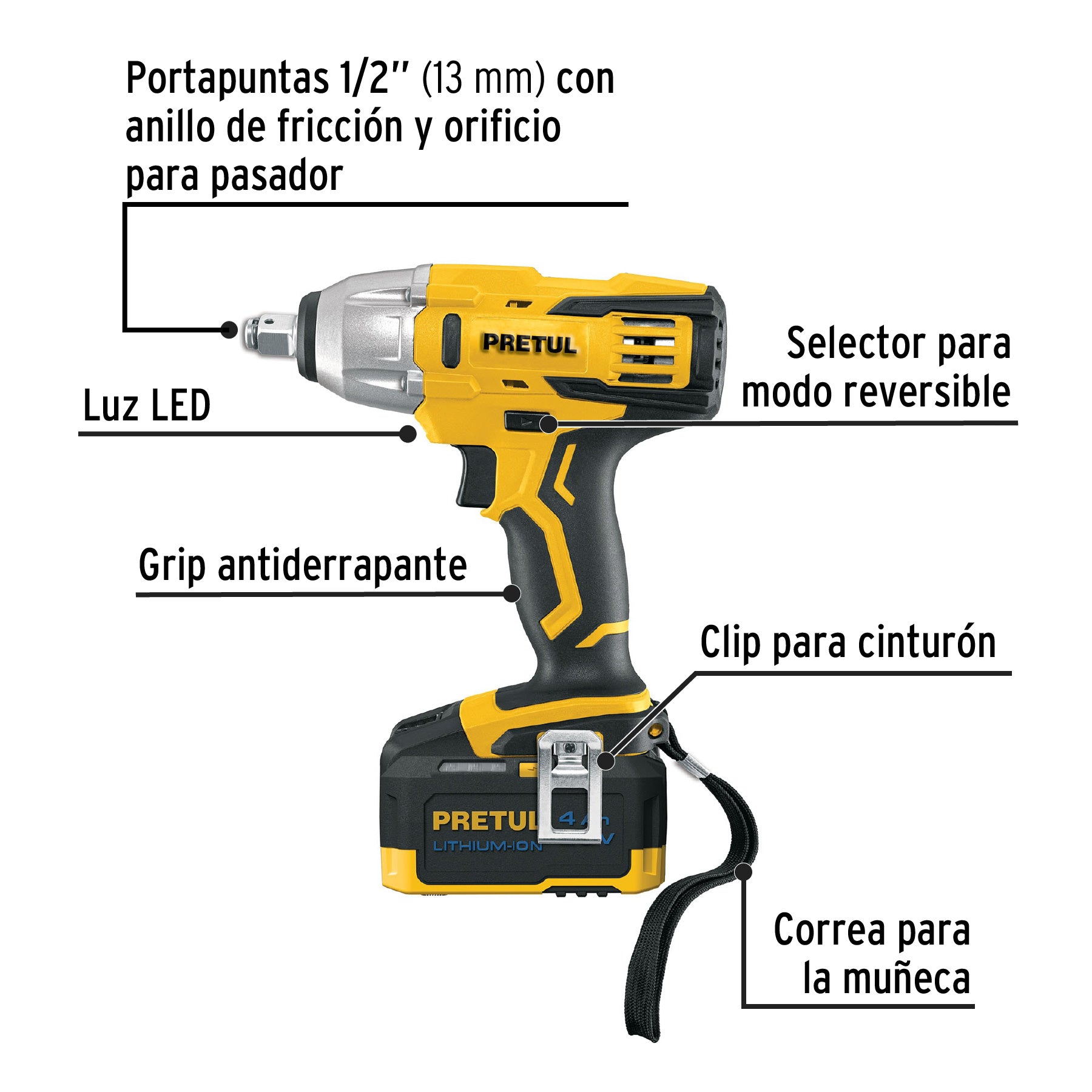 Llave de impacto inalámbrica 1/2', 20V, PRETUL, 28268