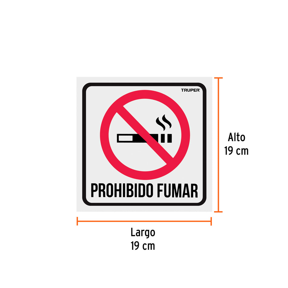 Letrero de señalización 'NO FUMAR', 19 x 19 cm, Truper Caja con 5, 18293