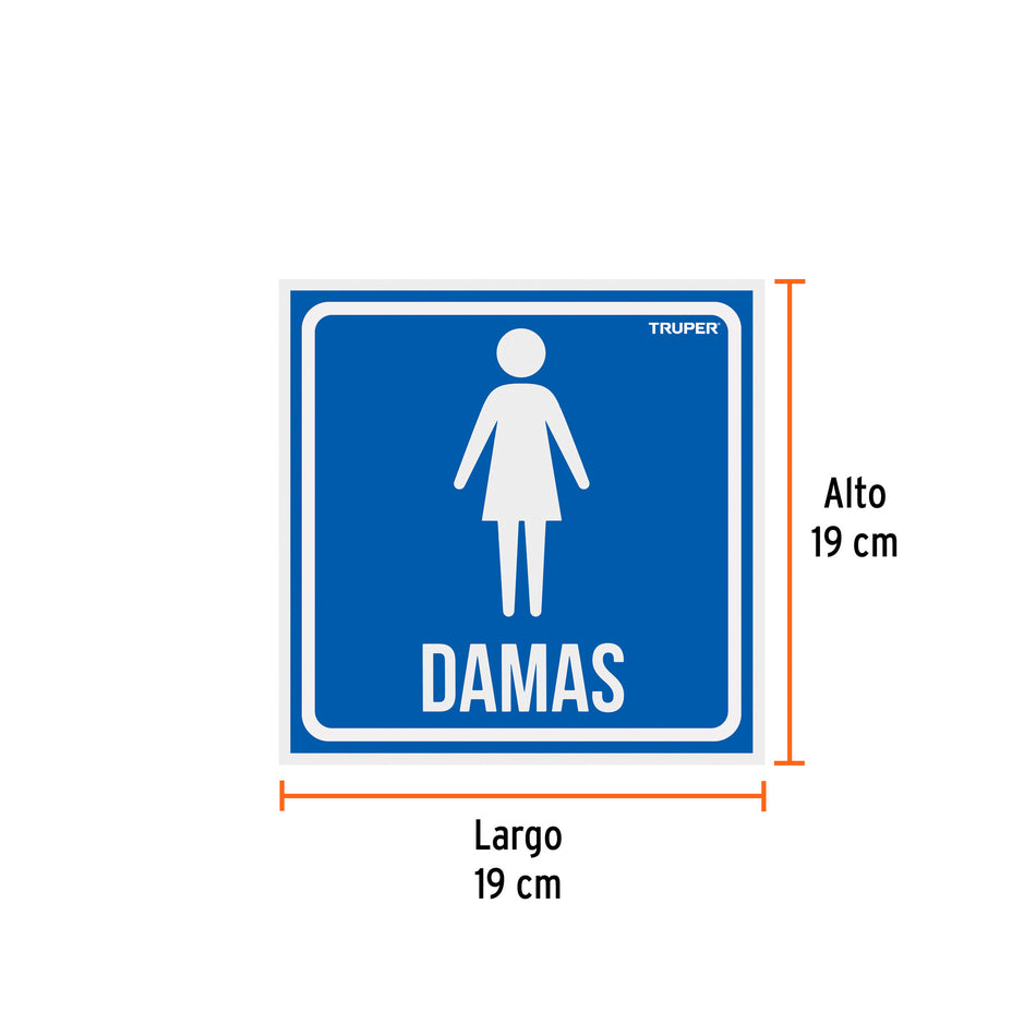 Letrero de señalización 'DAMAS', 19 x 19 cm, Truper Caja con 5, 18478