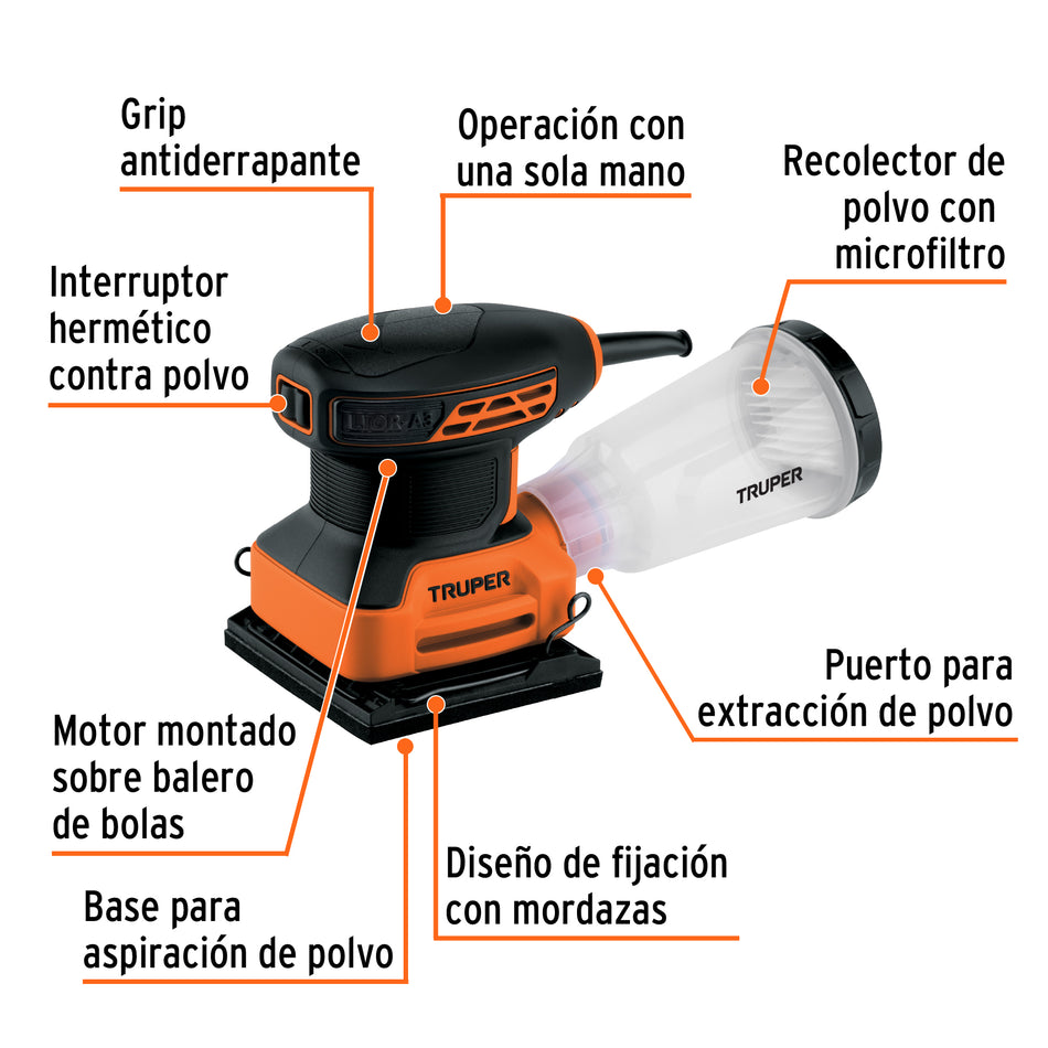 Lijadora orbital 1/4 hoja, 240W, TRUPER PRO, 102746