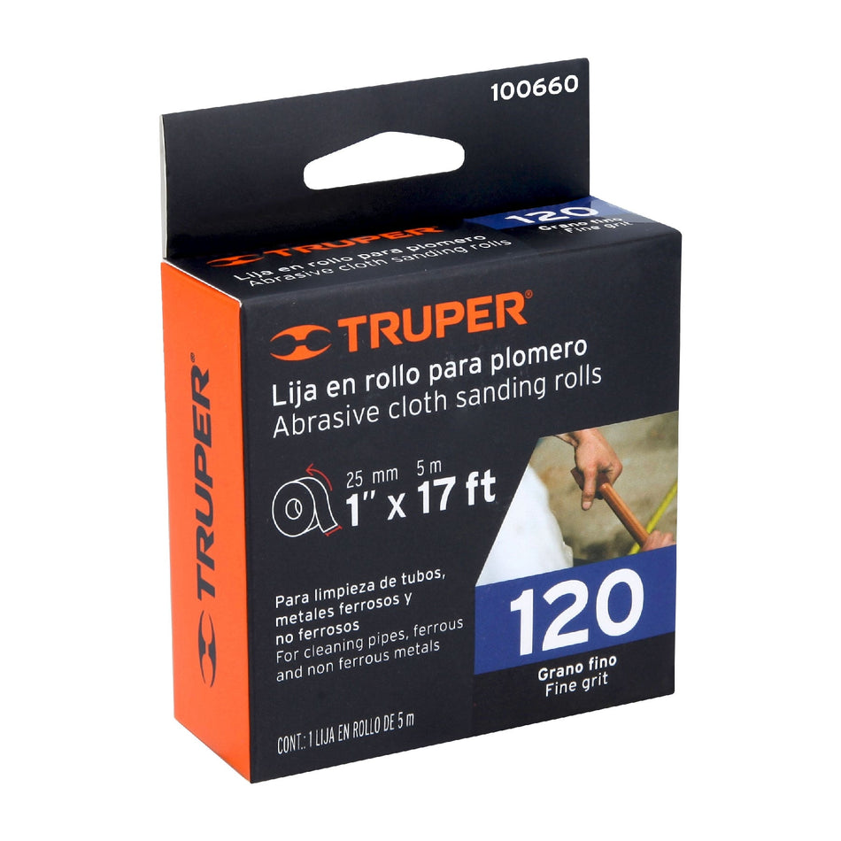 Rollo de 5 m de lija para plomero grano 120 ancho 1', Truper Caja con 3, 100660