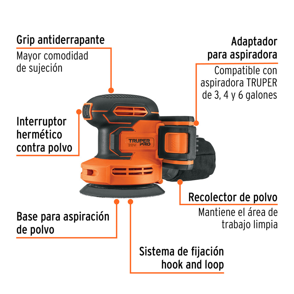 Lijadora roto-orbital 5', 20V, 1 batería 2Ah, PRO, 102863