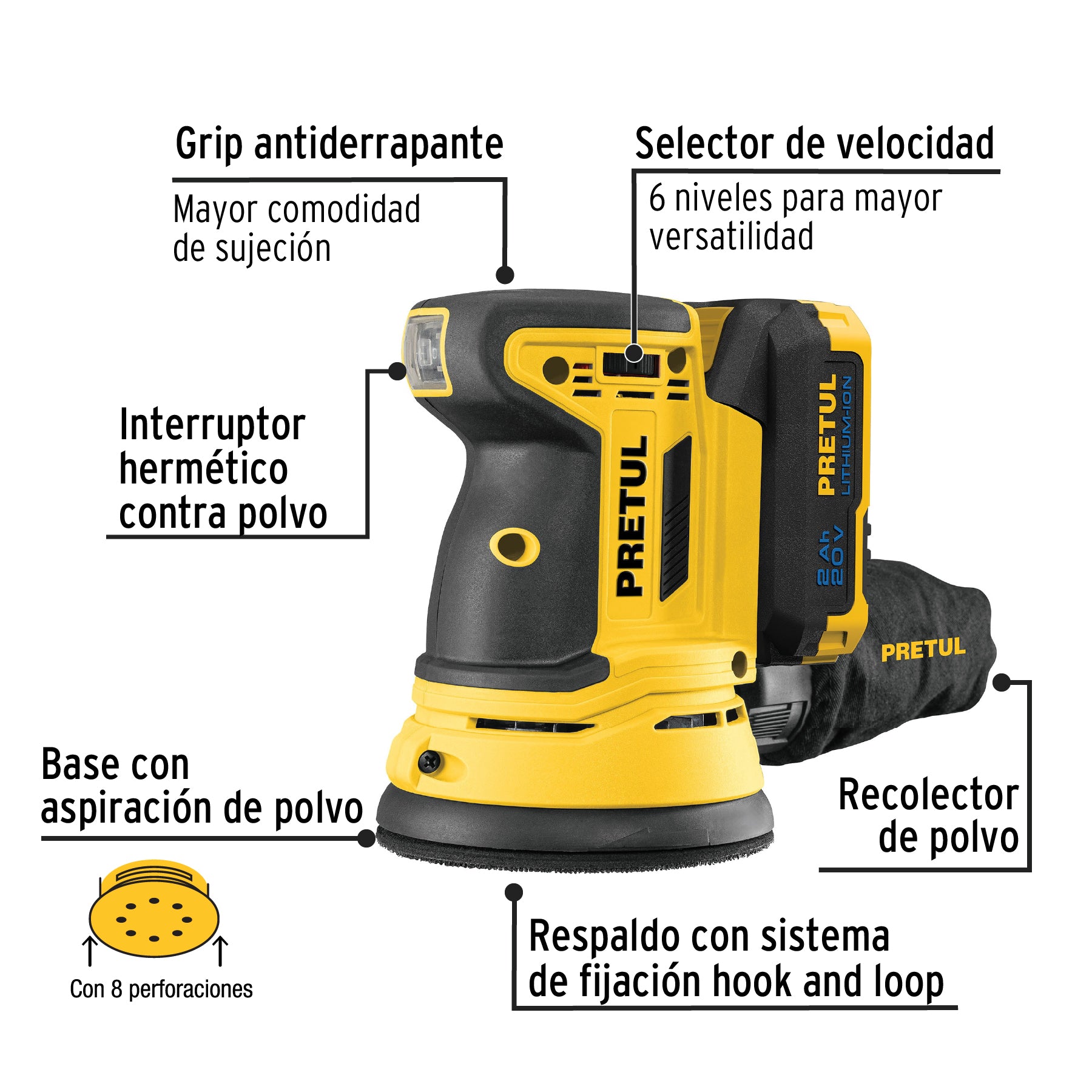 Lijadora roto-orbital inalámbrica 5', 20V, PRETUL, 28271