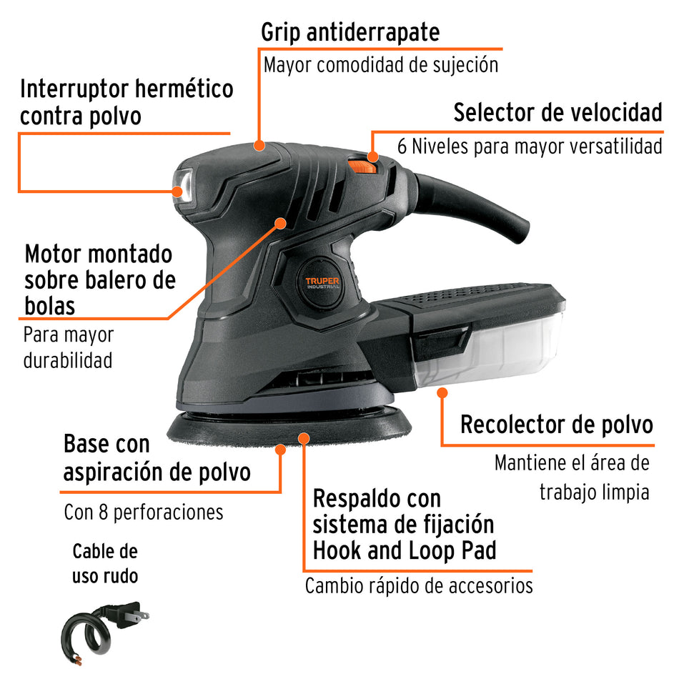 Lijadora roto orbital 5', 260W, TRUPER INDUSTRIAL, 15399