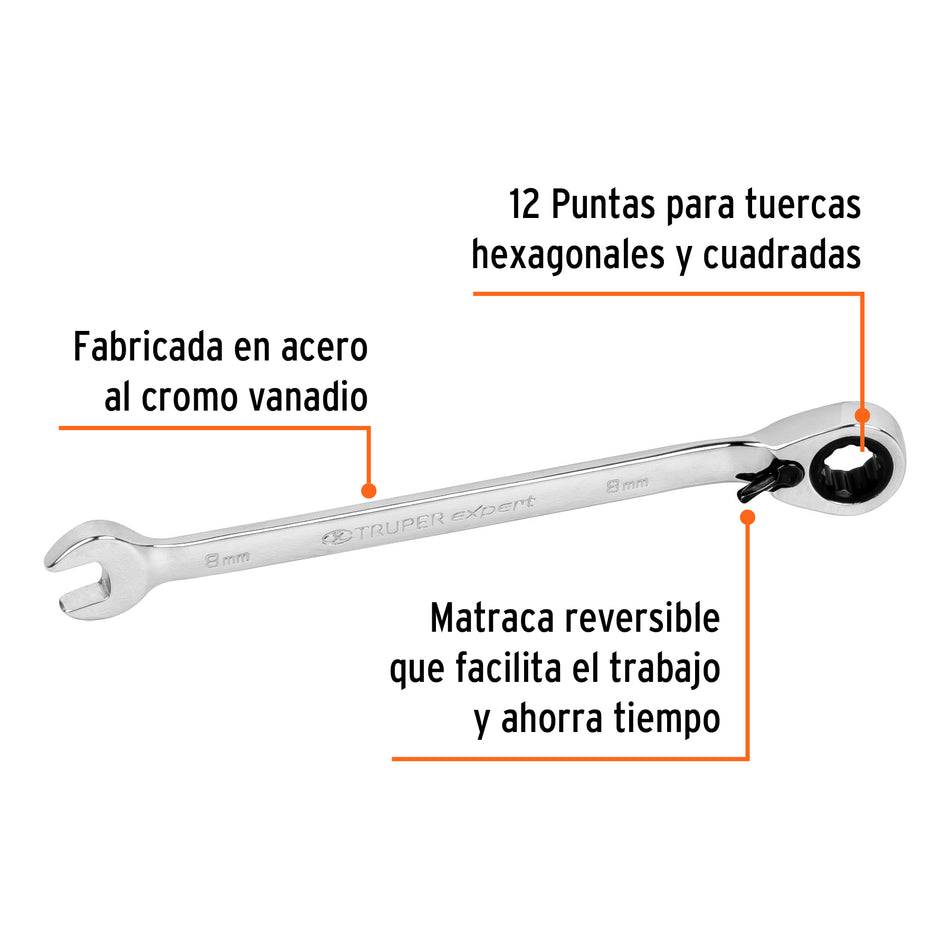 Llave combinada matraca reversible 8 mmx136 mm largo, Expert Caja con 3, 13656