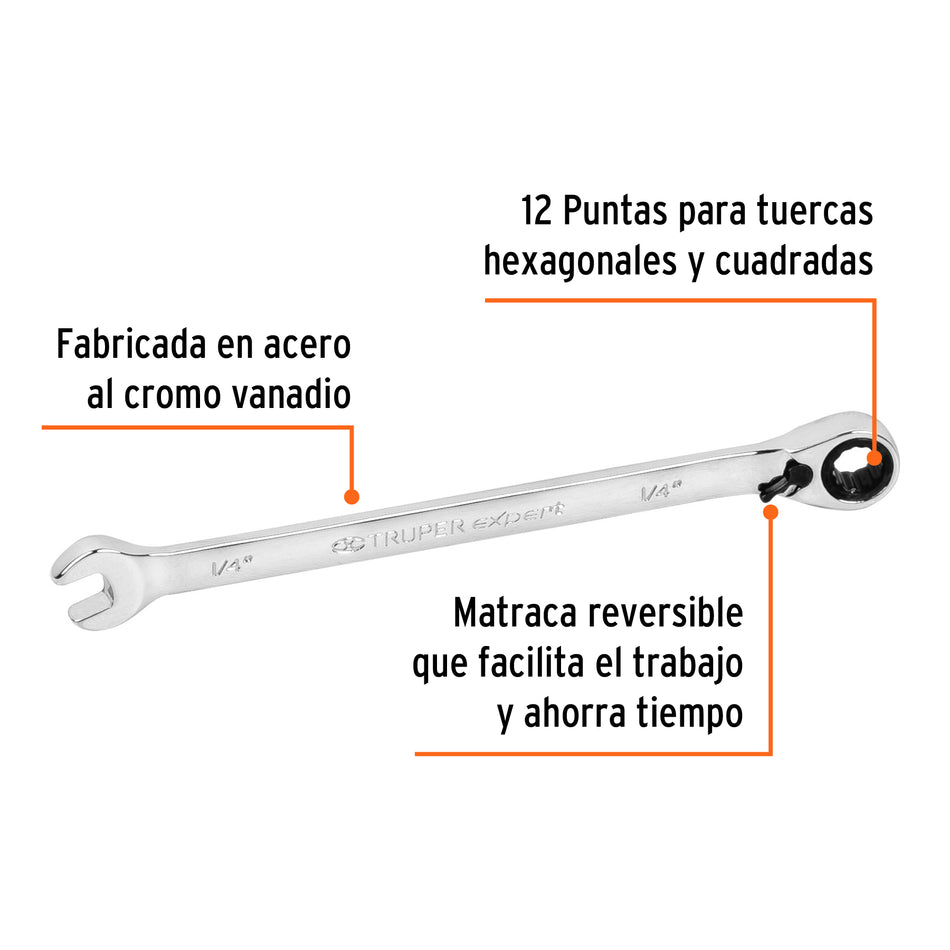 Llave combinada matraca reversible 1/4'x125mm largo, Expert Caja con 3, 13227