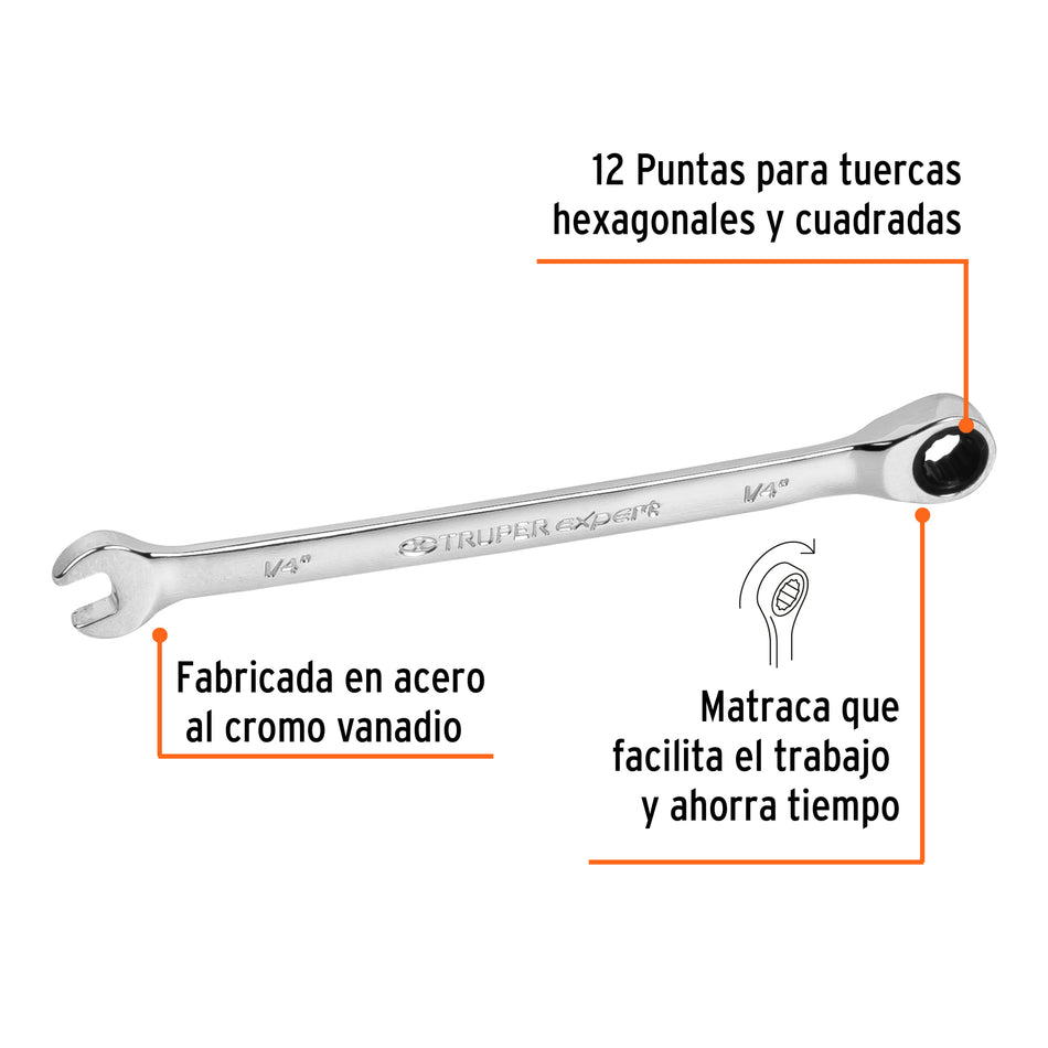Llave combinada con matraca 1/4' x 120 mm largo, Expert Caja con 3, 13601