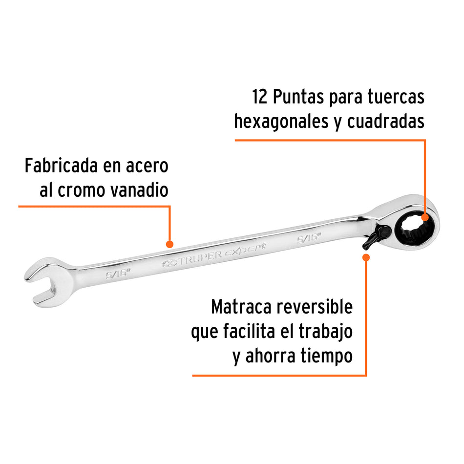 Llave combinada matraca reversible 5/16'x138 mm largo,Expert Caja con 3, 13228