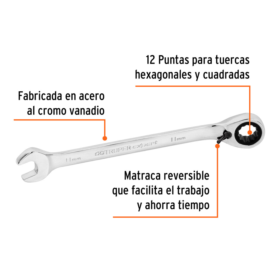 Llave combinada matraca reversible 11mmx160 mm largo, Expert Caja con 3, 13666