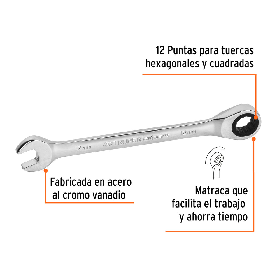 Llave combinada con matraca 12 mm x 166 mm largo, Expert Caja con 3, 15744