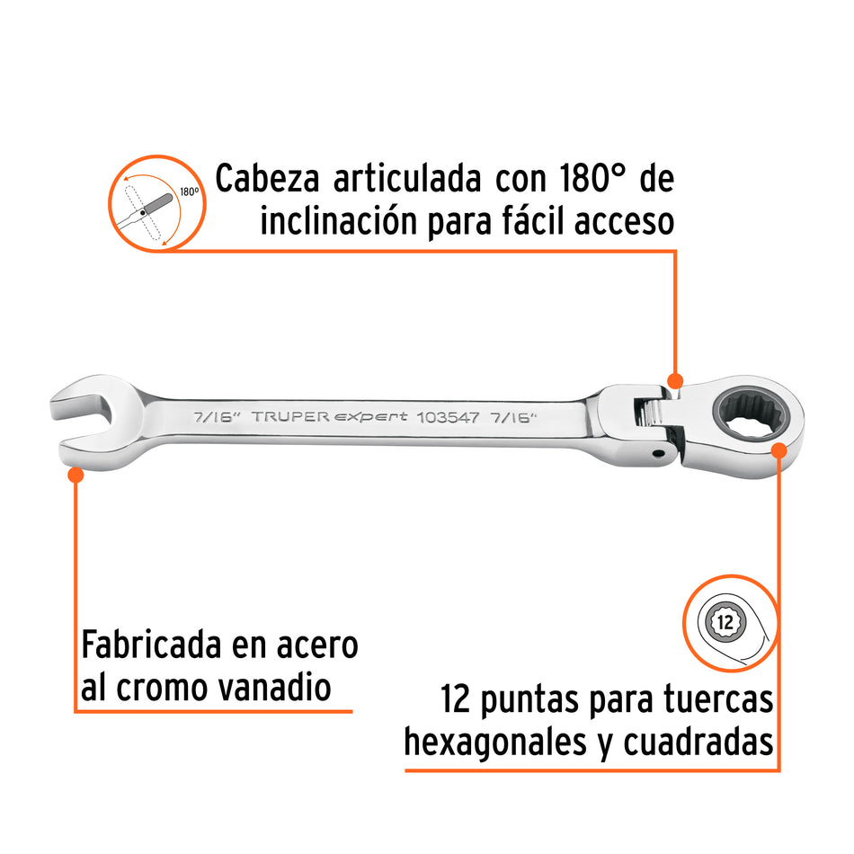 Llave combinada con matraca 7/16' flexible, Expert Caja con 3, 103547