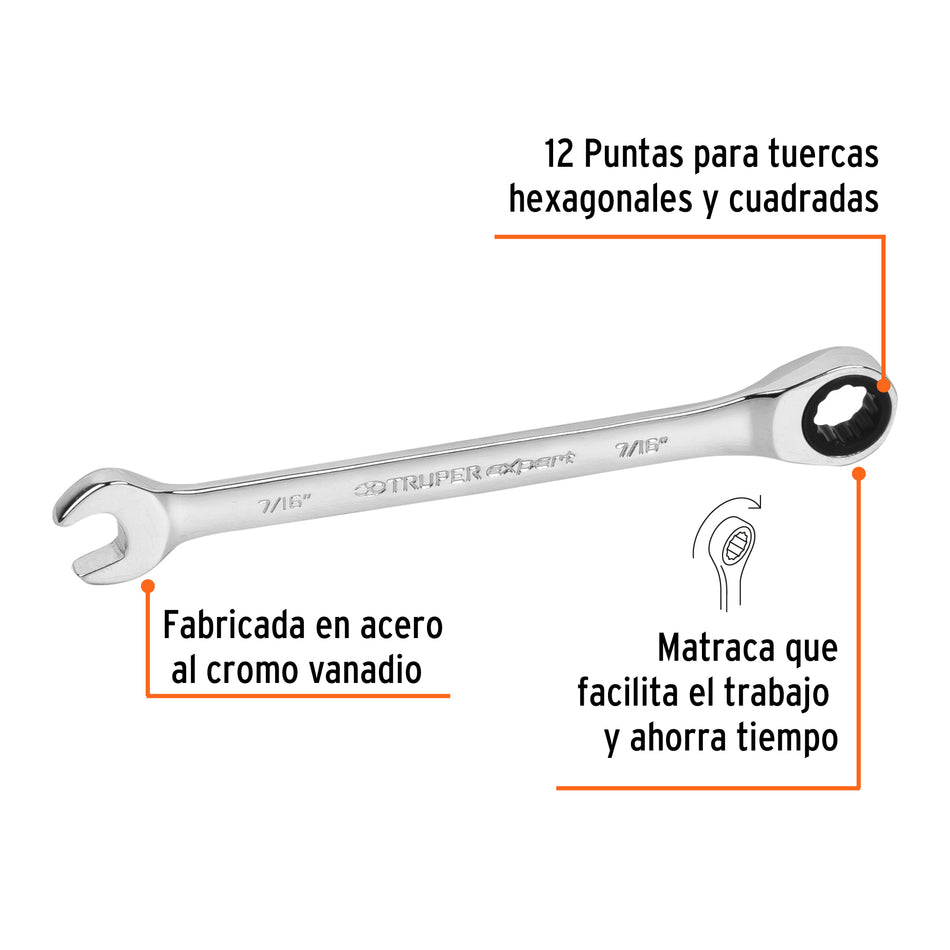 Llave combinada con matraca 7/16' x 160 mm largo, Expert Caja con 3, 15737