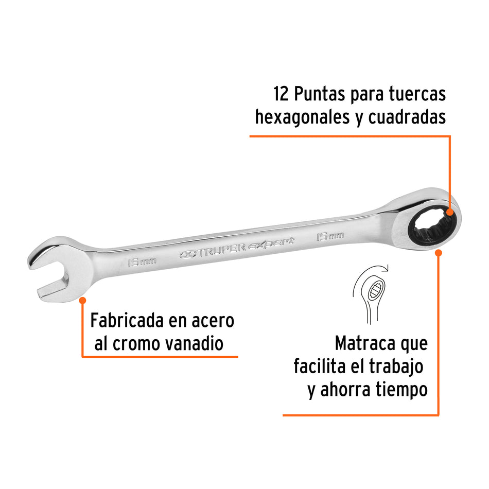 Llave combinada con matraca 15 mm x 194 mm largo, Expert Caja con 3, 15747