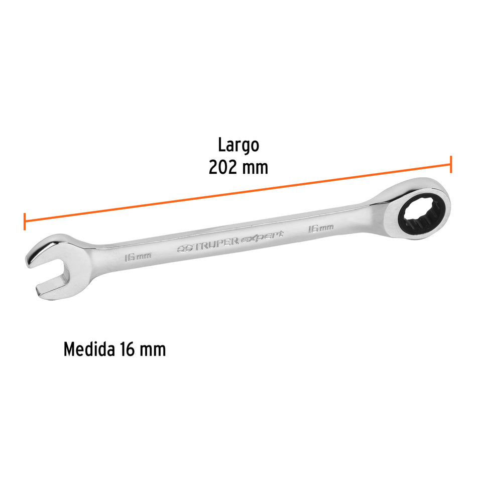 Llave combinada con matraca 16 mm x 202 mm largo, Expert Caja con 3, 13621