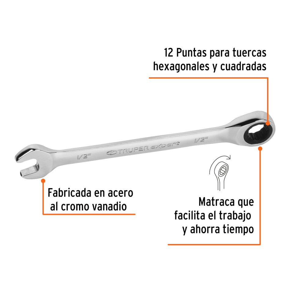 Llave combinada con matraca 1/2' x 173 mm largo, Expert Caja con 3, 15738