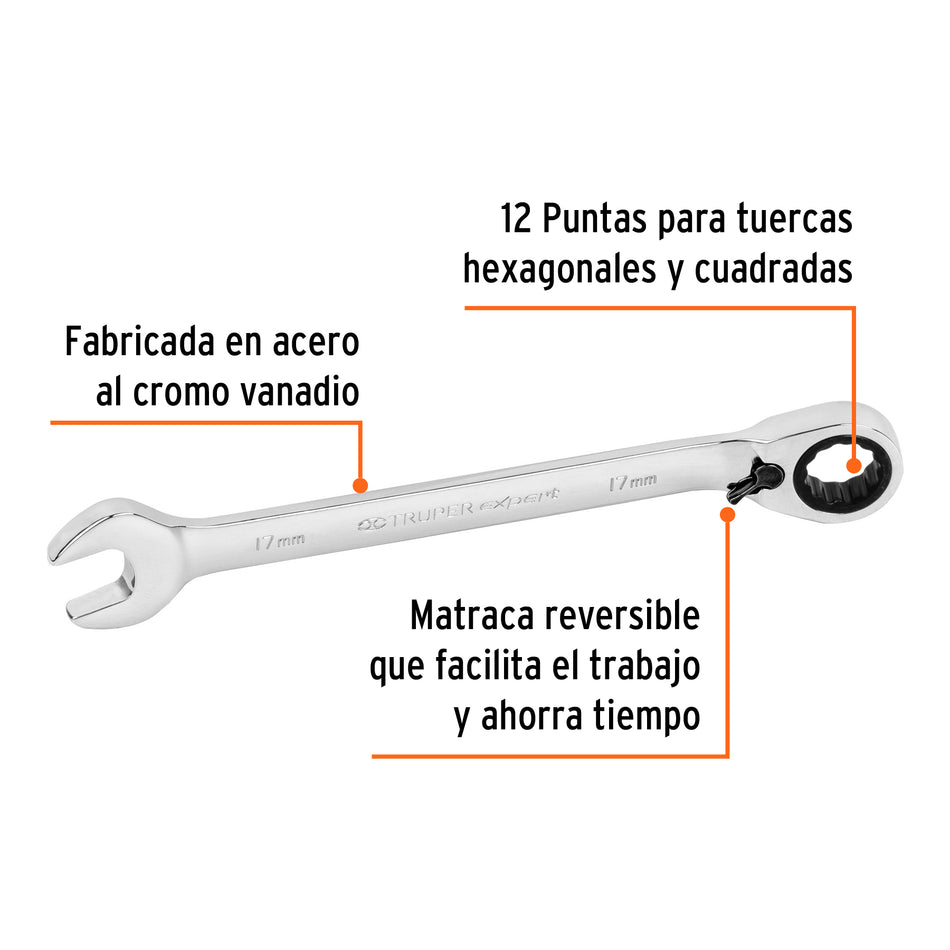 Llave combinada matraca reversible 17mmx223 mm largo, Expert Caja con 3, 13728