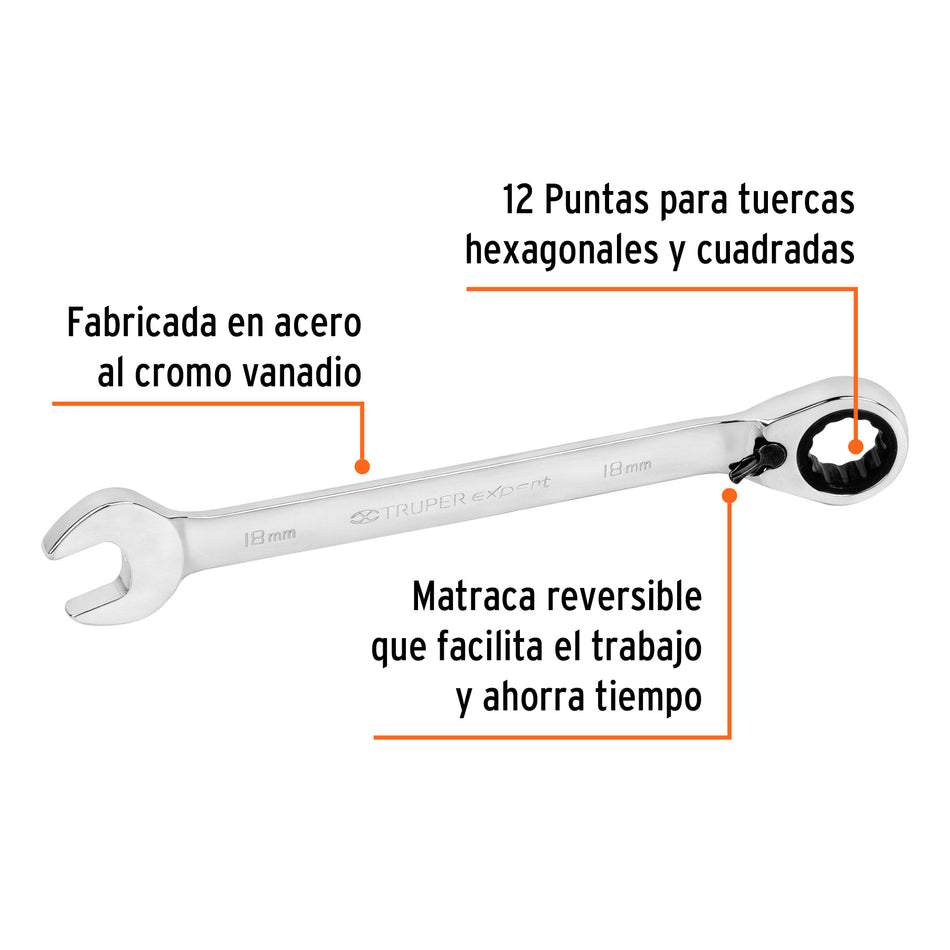 Llave combinada matraca reversible 18mmx231 mm largo, Expert Caja con 3, 13754