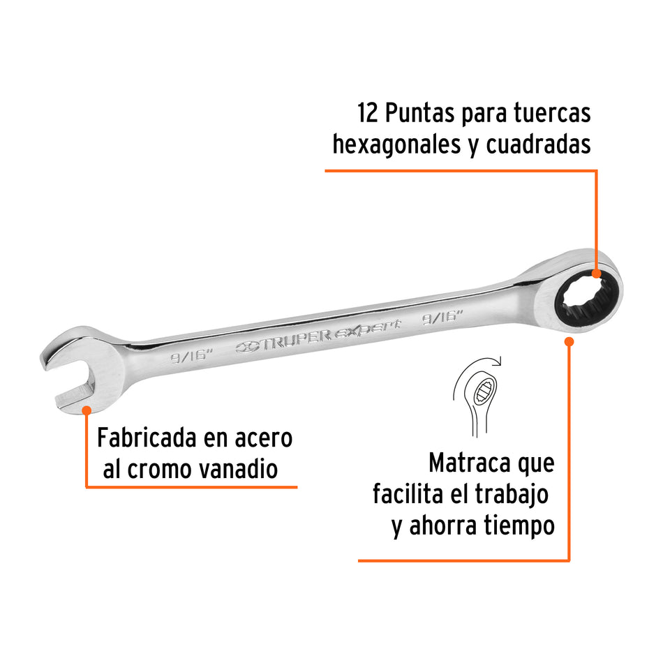 Llave combinada con matraca 9/16' x 185 mm largo, Expert Caja con 3, 15739