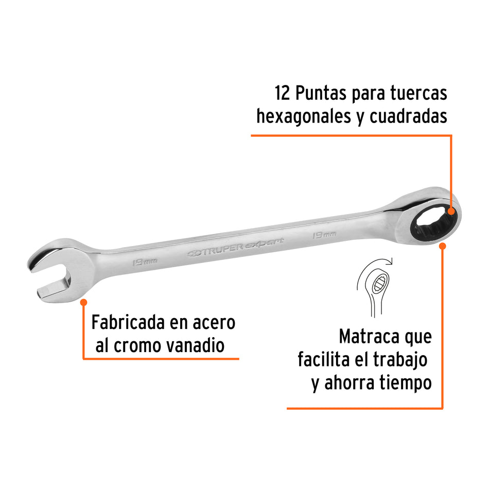 Llave combinada con matraca 19 mm x 237 mm largo, Expert Caja con 3, 15749