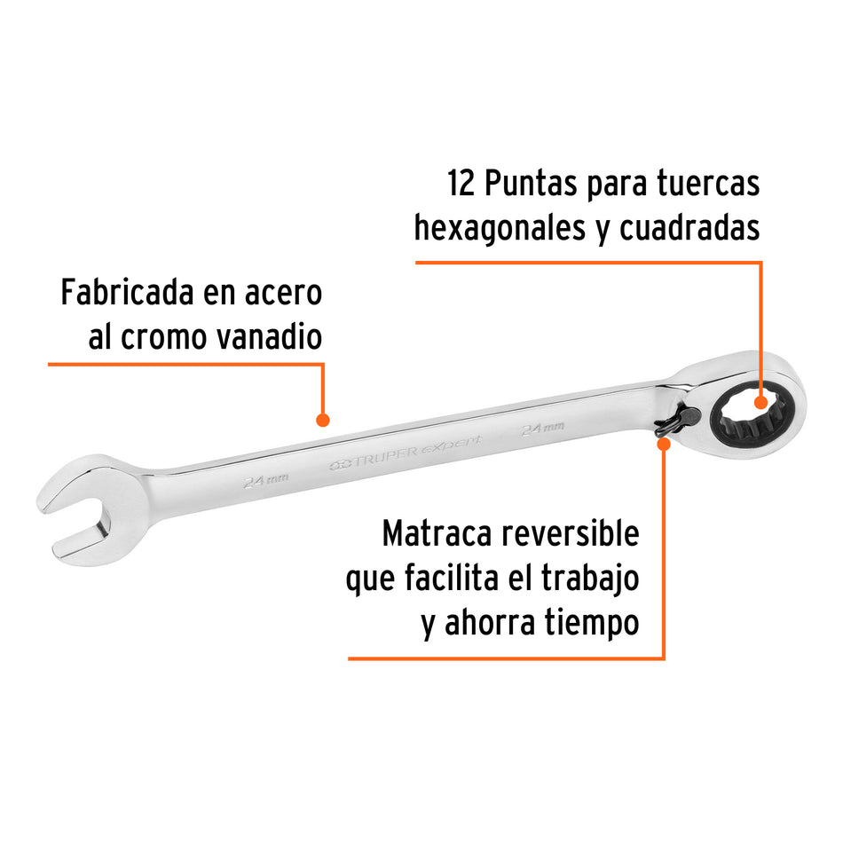 Llave combinada matraca reversible 24mmx330 mm largo, Expert Caja con 3, 13768