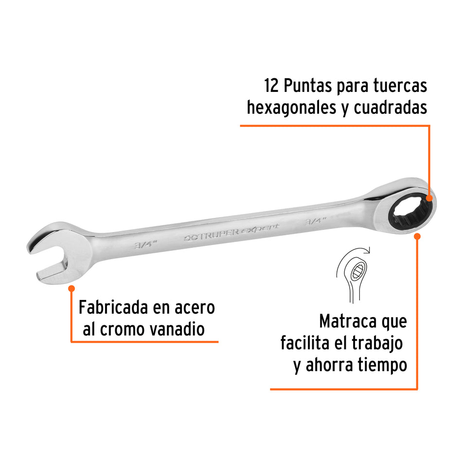 Llave combinada con matraca 3/4' x 238 mm largo, Expert Caja con 3, 15741