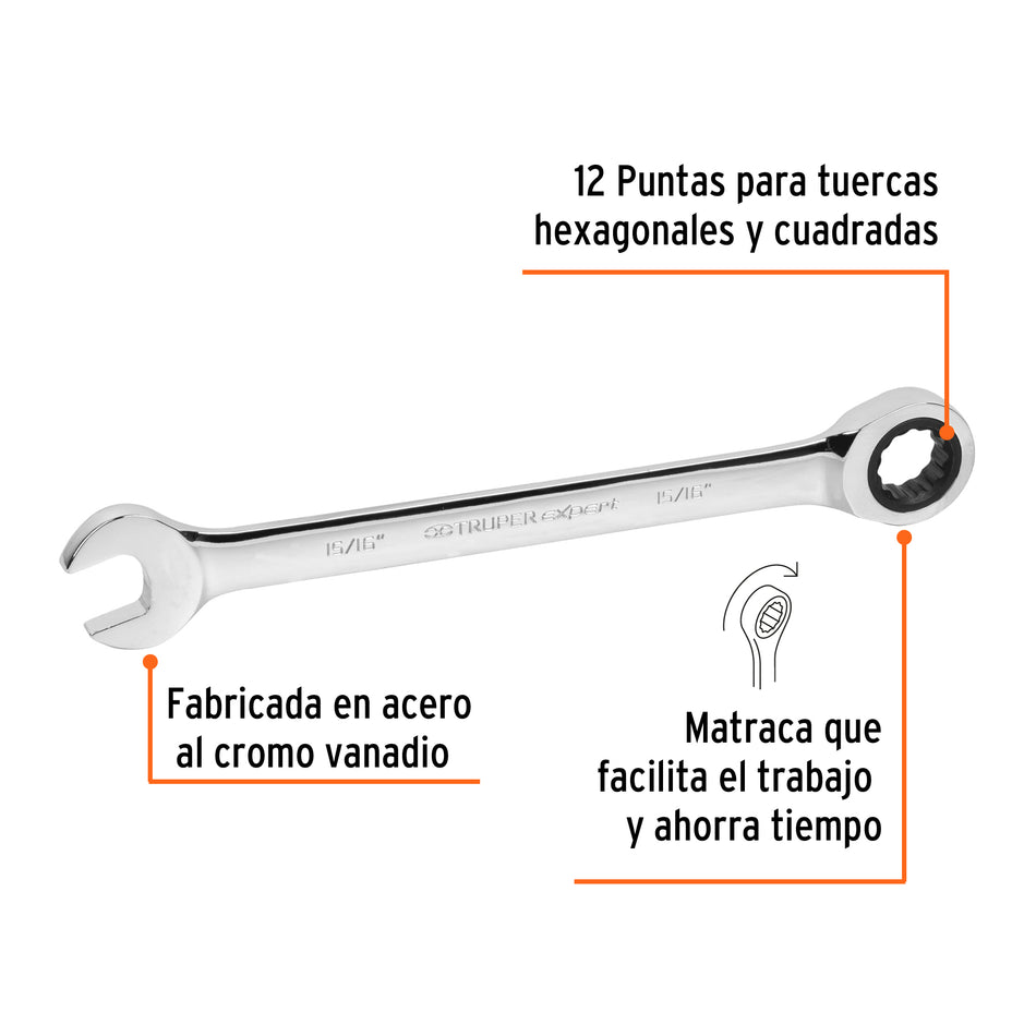 Llave combinada con matraca 15/16' x 325 mm largo, Expert Caja con 3, 13604